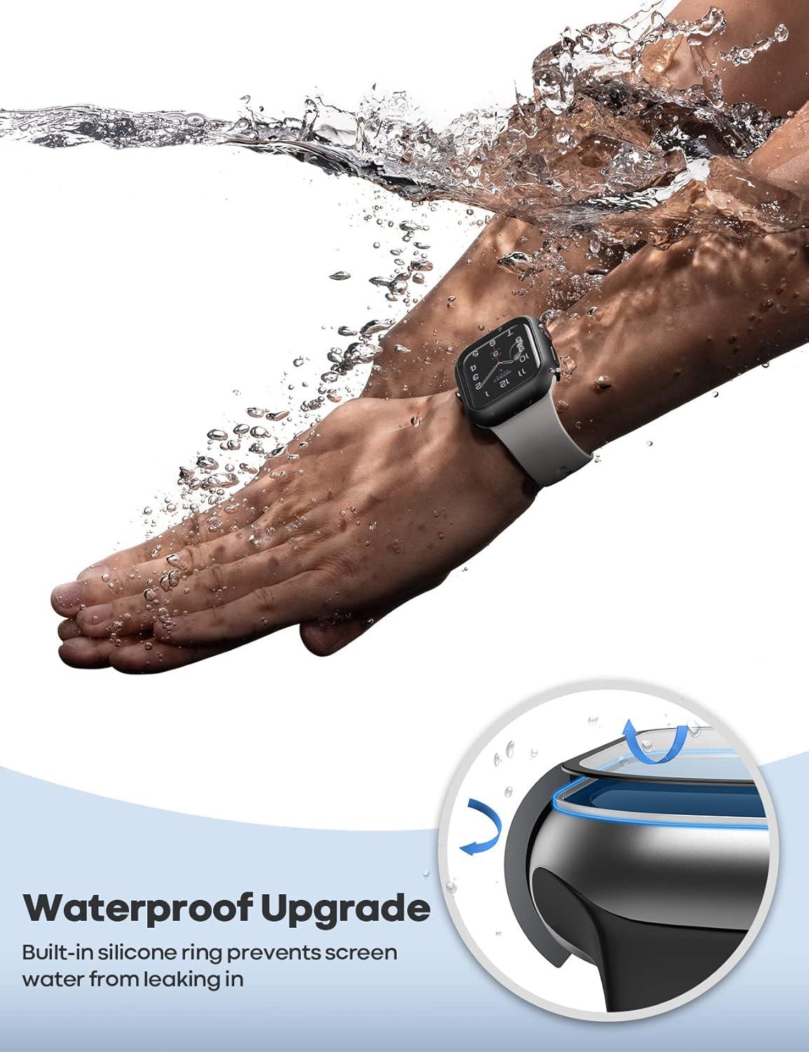 imageLamicall 2 Pack Waterproof Screen Protector Case for Apple Watch  Water proof Apple Watch Face Cover 9H HD Tempered Glass Screen Protector  Full Protective Bumper for iWatchBlack