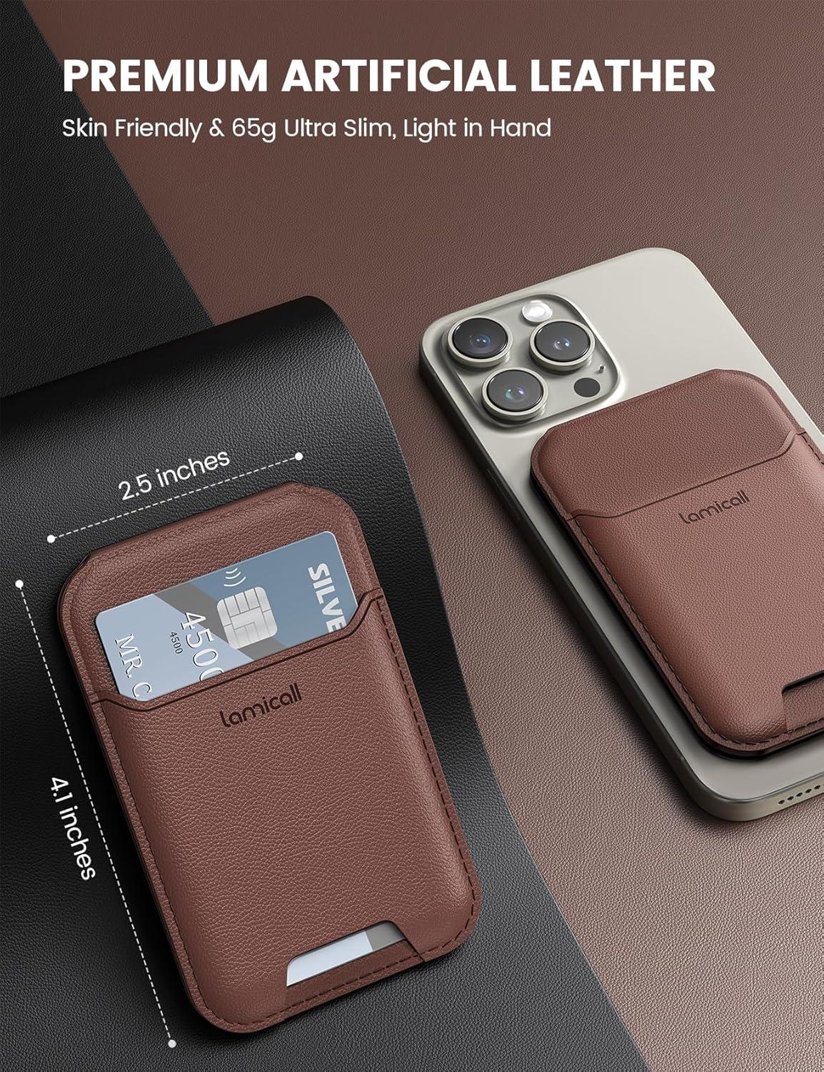 imageLamicall 23oz Light for Magsafe Wallet Stand  Slim Tight Phone 3 Cards Holder Adjustable Apple iPhone Wallet Stand 25lbs Magnetic for iPhone 16151413 Series Brown Red