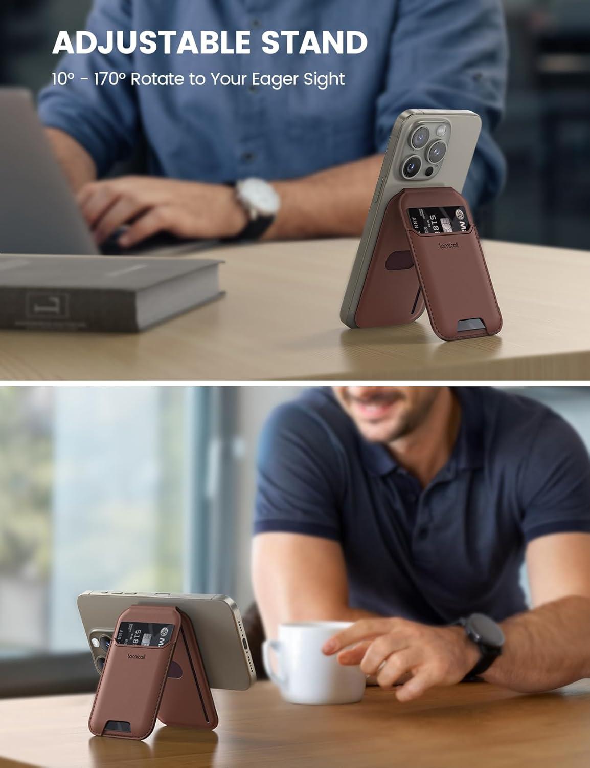 imageLamicall 23oz Light for Magsafe Wallet Stand  Slim Tight Phone 3 Cards Holder Adjustable Apple iPhone Wallet Stand 25lbs Magnetic for iPhone 16151413 Series Brown Red