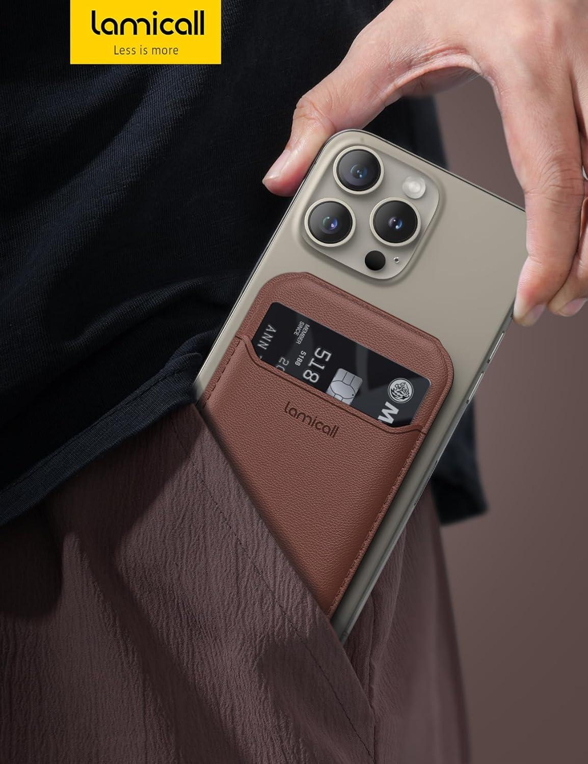 imageLamicall 23oz Light for Magsafe Wallet Stand  Slim Tight Phone 3 Cards Holder Adjustable Apple iPhone Wallet Stand 25lbs Magnetic for iPhone 16151413 Series Brown Red