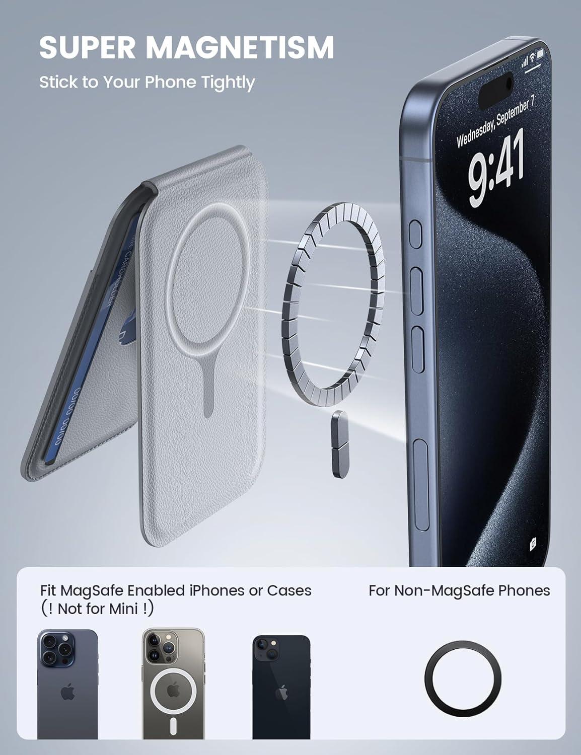 imageLamicall 24oz Light for MagSafe Wallet  Magnetic Phone Stand Slim Faux Leather Grip with 3 Card Holder and Finger Loop Grip for iPhone 15141312 Series Grey