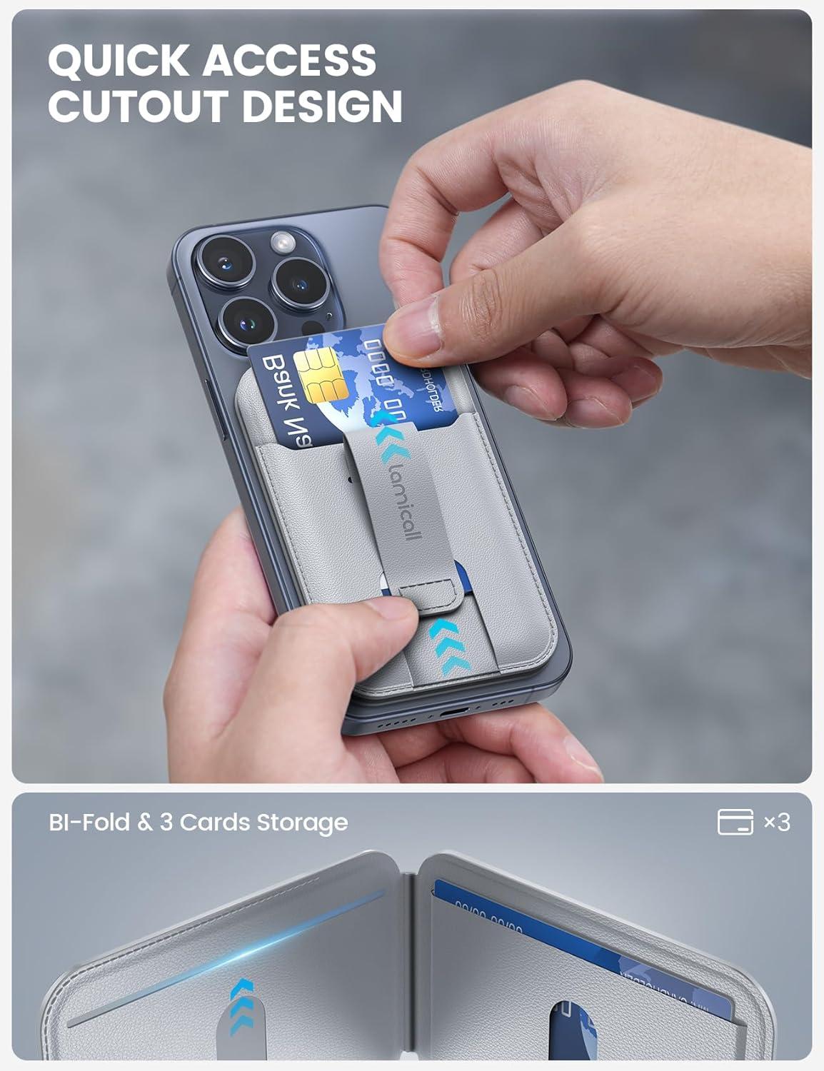 imageLamicall 24oz Light for MagSafe Wallet  Magnetic Phone Stand Slim Faux Leather Grip with 3 Card Holder and Finger Loop Grip for iPhone 15141312 Series Grey