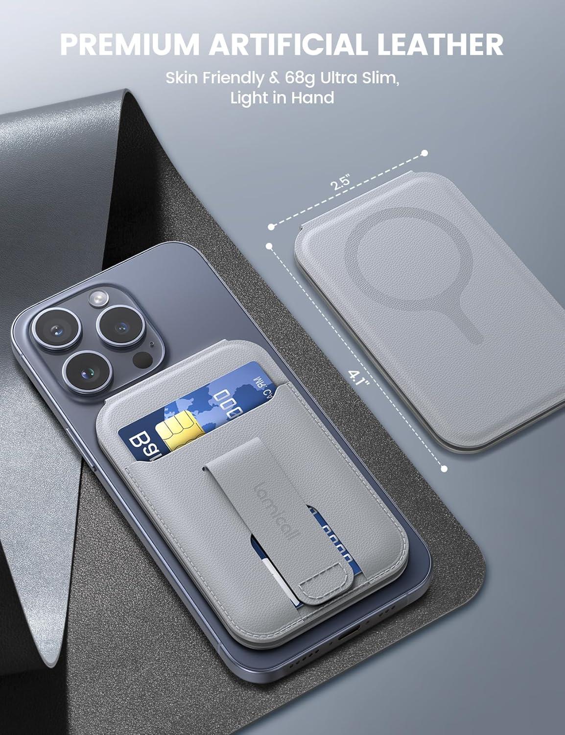 imageLamicall 24oz Light for MagSafe Wallet  Magnetic Phone Stand Slim Faux Leather Grip with 3 Card Holder and Finger Loop Grip for iPhone 15141312 Series Grey
