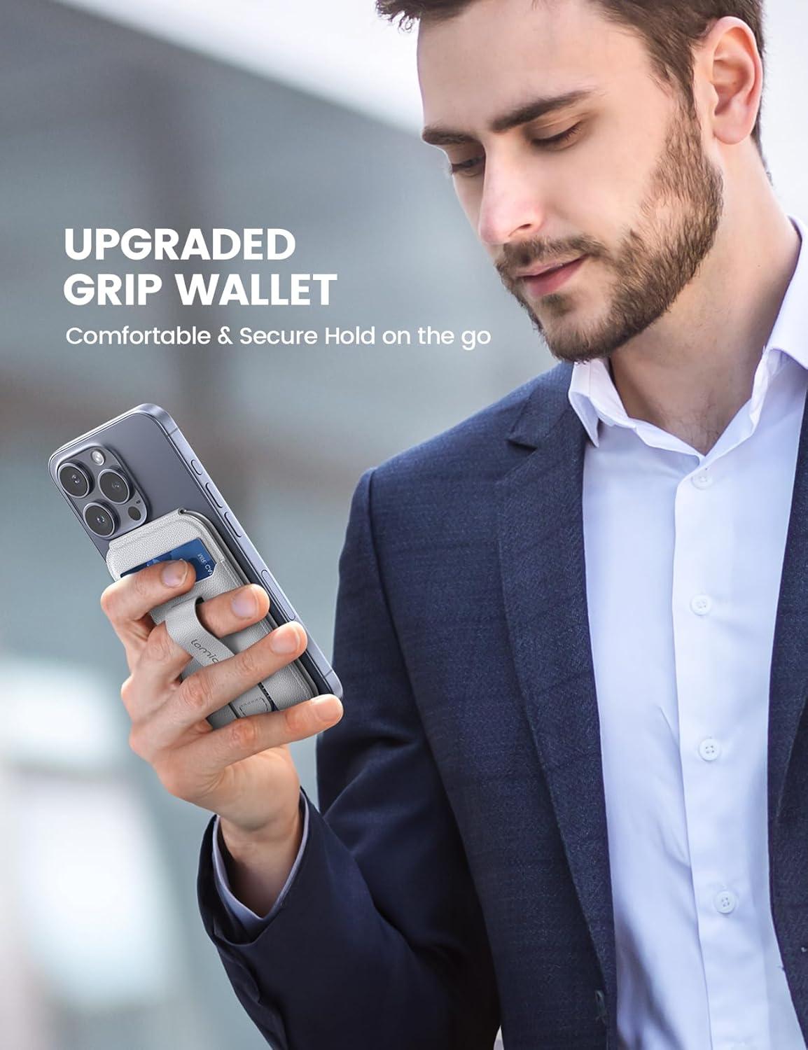 imageLamicall 24oz Light for MagSafe Wallet  Magnetic Phone Stand Slim Faux Leather Grip with 3 Card Holder and Finger Loop Grip for iPhone 15141312 Series Grey