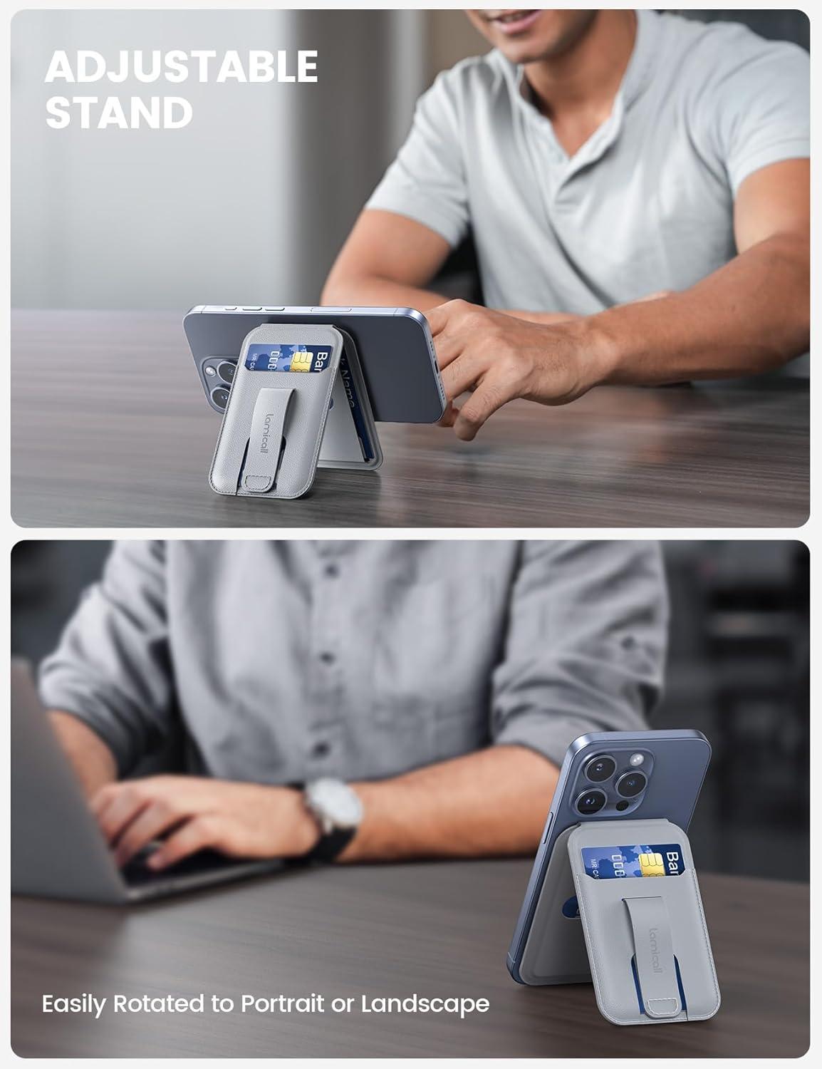 imageLamicall 24oz Light for MagSafe Wallet  Magnetic Phone Stand Slim Faux Leather Grip with 3 Card Holder and Finger Loop Grip for iPhone 15141312 Series Grey