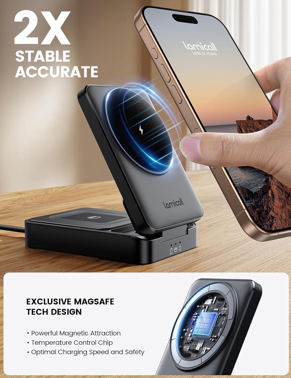 imageLamicall 3 in 1 Charging Station for Apple  Foldable Wireless Charger Stand for MagSafe Portable Travel Wireless Charger Station for Multiple Devices for iPhone 16 15 14 13 Apple Watch AirPodsBlack