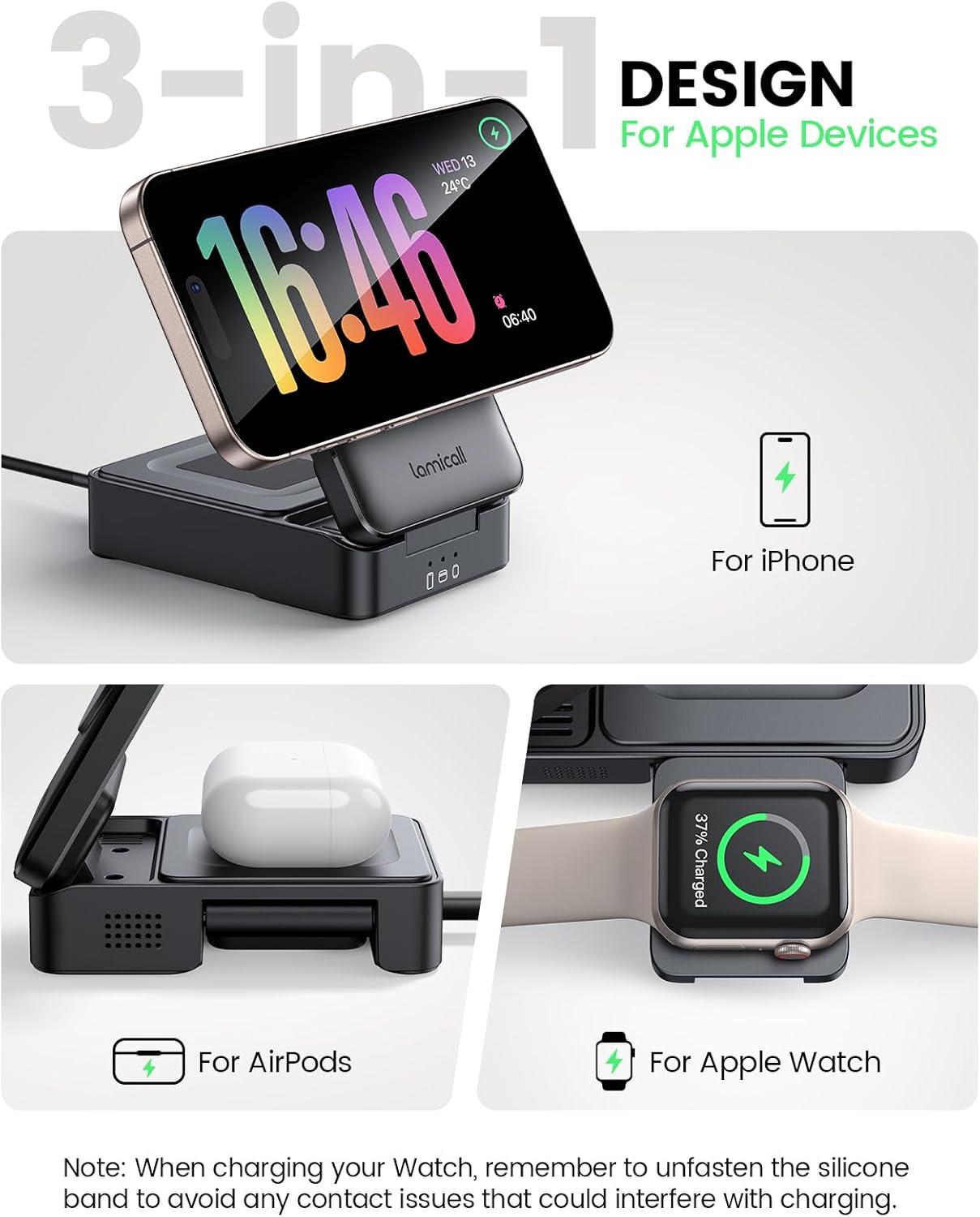 imageLamicall 3 in 1 Charging Station for Apple  Foldable Wireless Charger Stand for MagSafe Portable Travel Wireless Charger Station for Multiple Devices for iPhone 16 15 14 13 Apple Watch AirPodsBlack