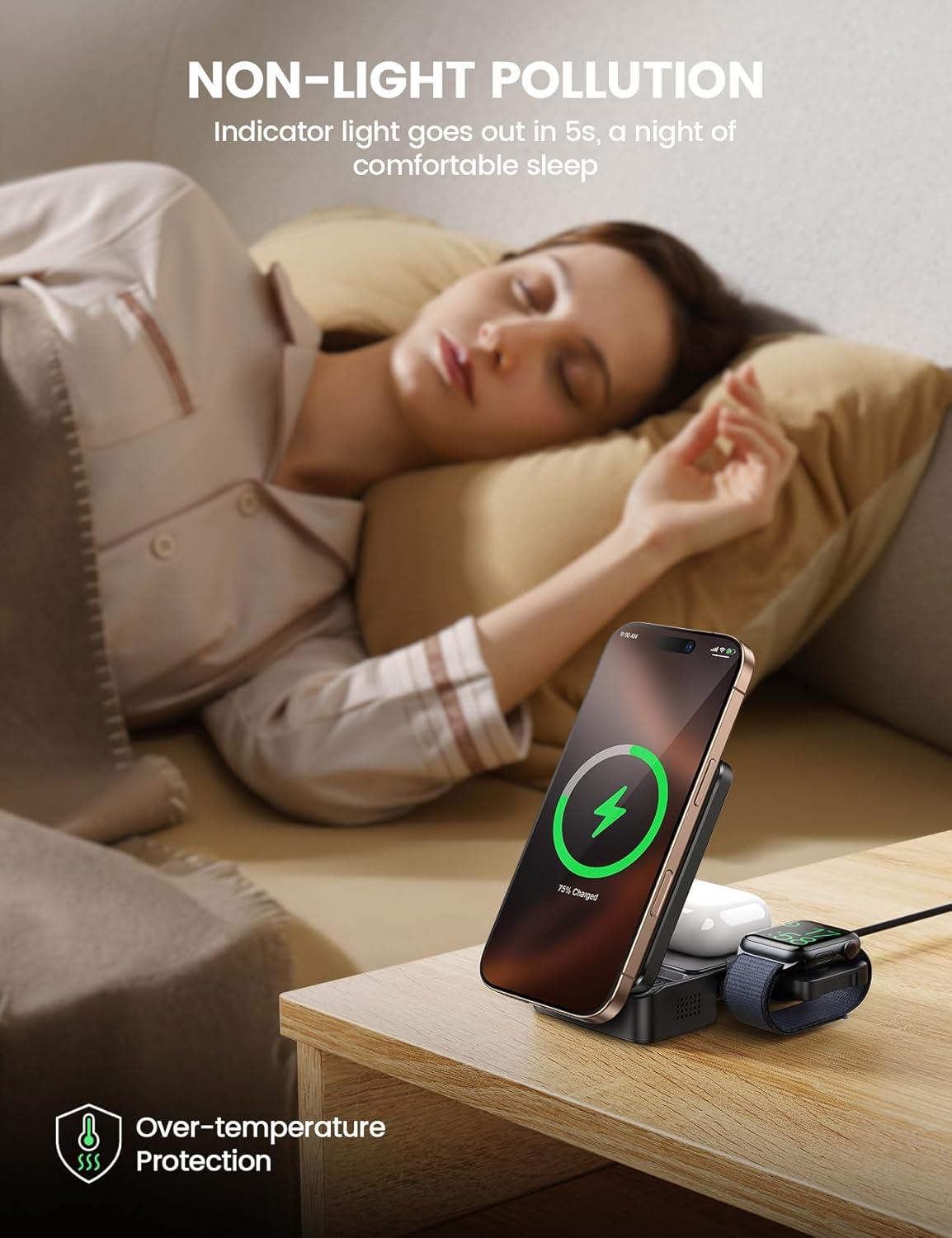 imageLamicall 3 in 1 Charging Station for Apple  Foldable Wireless Charger Stand for MagSafe Portable Travel Wireless Charger Station for Multiple Devices for iPhone 16 15 14 13 Apple Watch AirPodsBlack