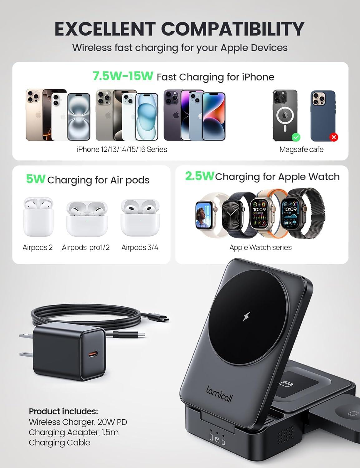 imageLamicall 3 in 1 Charging Station for Apple  Foldable Wireless Charger Stand for MagSafe Portable Travel Wireless Charger Station for Multiple Devices for iPhone 16 15 14 13 Apple Watch AirPodsBlack