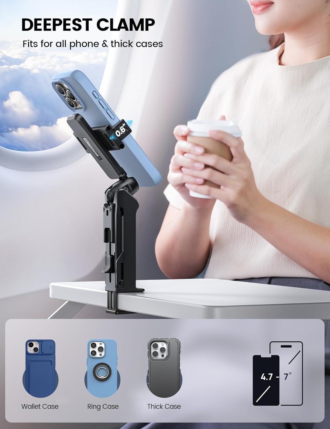 imageLamicall Airplane Phone Holder Mount  2024 Wider Clamp Travel Essentials with Screw Adjustment Tool  Plane Phone Holder Stand for Flying Desk Home Long Flight Must Haves Accessories for Women Men
