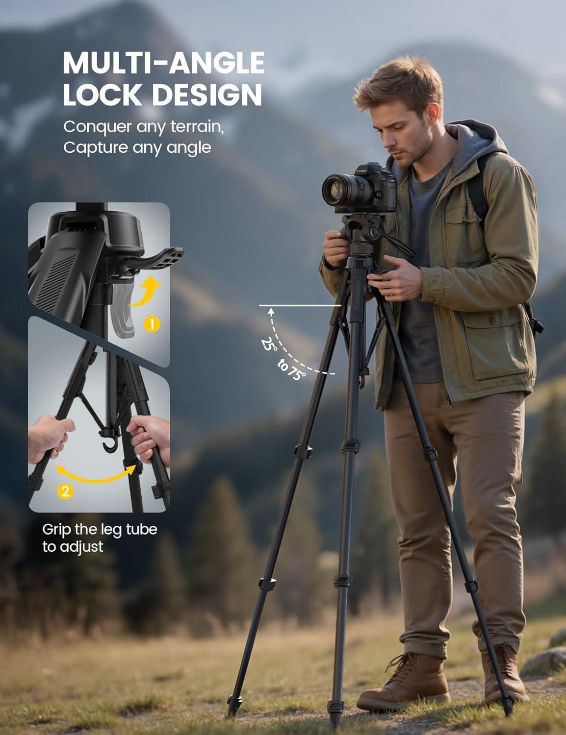 imageLamicall Camera Tripod  176LBS Max Load Tripod for Camera with Rapid Leg Deployment Phone Tripods for Video Recording Photo Vlog 67quot Camera Stand with Phone Holder ampamp Carry Bag for DSLR iPhone GoProBlack