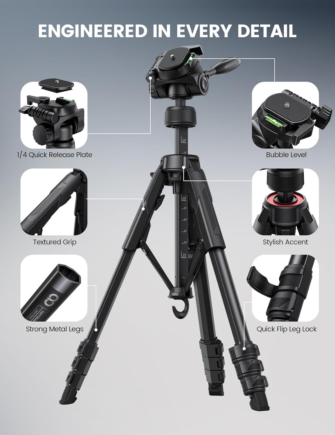imageLamicall Camera Tripod  176LBS Max Load Tripod for Camera with Rapid Leg Deployment Phone Tripods for Video Recording Photo Vlog 67quot Camera Stand with Phone Holder ampamp Carry Bag for DSLR iPhone GoProBlack