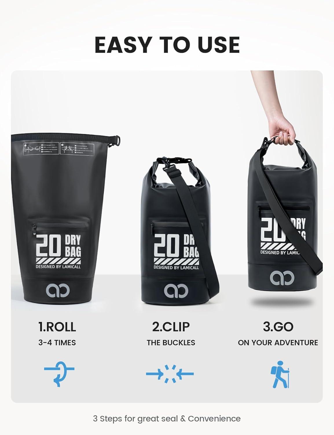 imageLamicall Dry Bag Waterproof Backpack  Zippered Pocket 5L10L20L30L40L Roll Top Waterproof Bag with Water Proof Phone Pouch Floatable Drybag for Swimming Boating Kayaking Camping BeachBlack