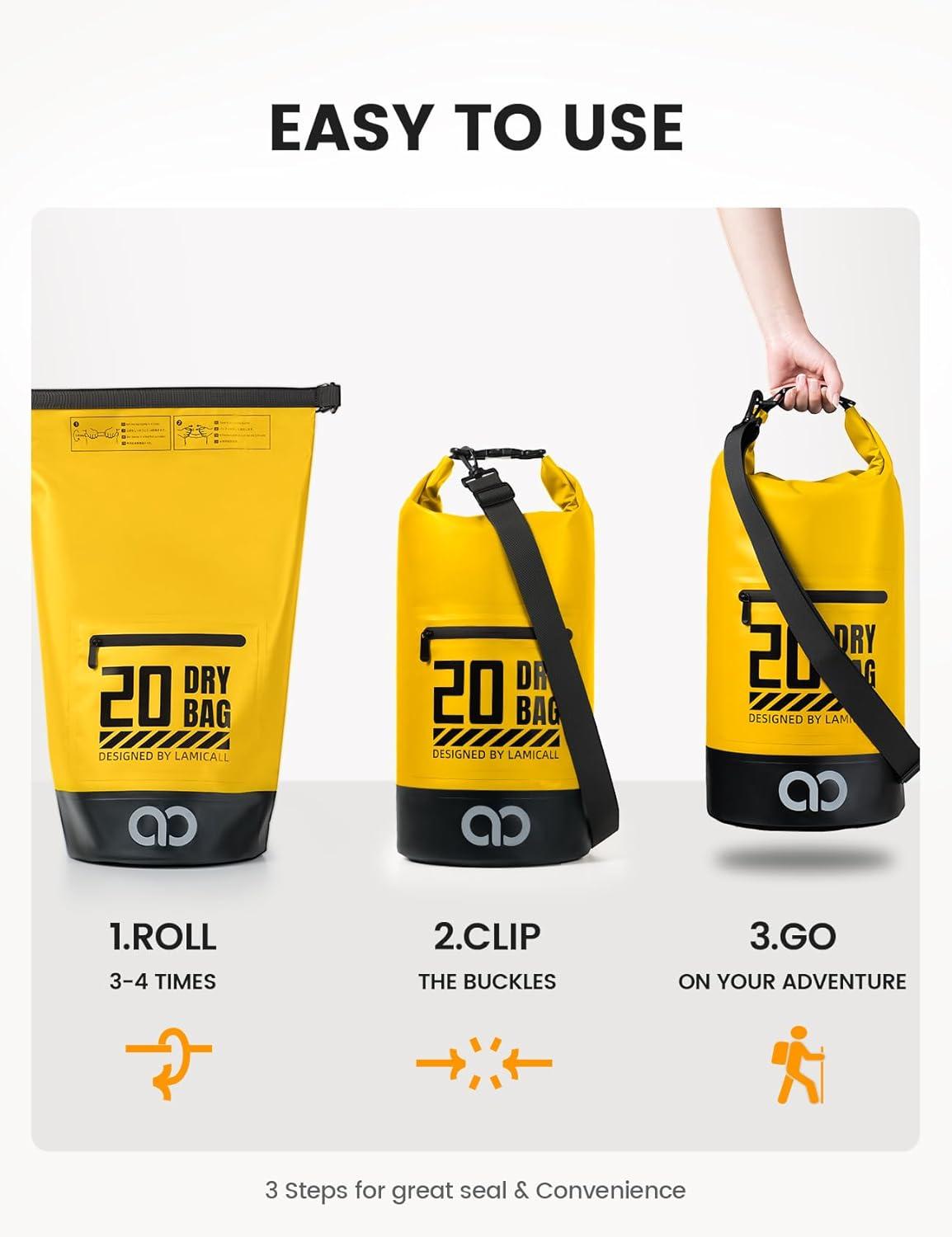 imageLamicall Dry Bag Waterproof Backpack  Zippered Pocket 5L10L20L30L40L Roll Top Waterproof Bag with Water Proof Phone Pouch Floatable Drybag for Swimming Boating Kayaking Camping BeachLemon Yellow
