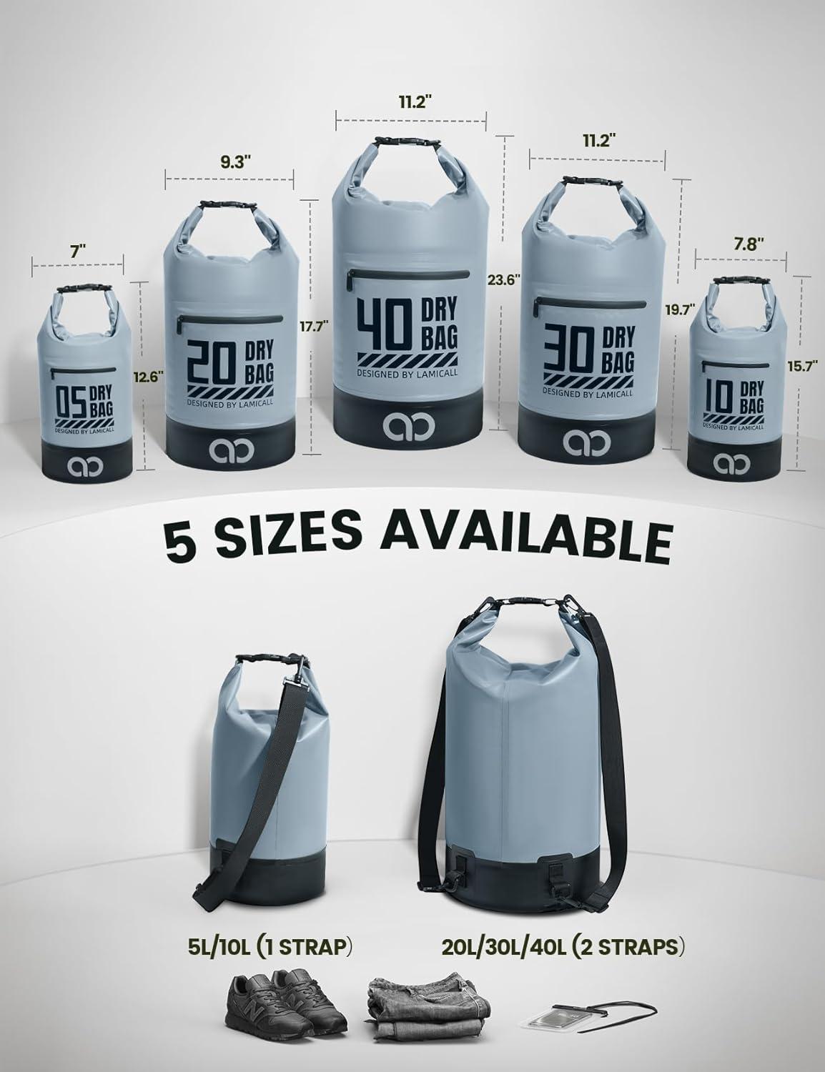 imageLamicall Dry Bag Waterproof Backpack  Zippered Pocket 5L10L20L30L40L Roll Top Waterproof Bag with Water Proof Phone Pouch Floatable Drybag for Swimming Boating Kayaking Camping BeachBlueish Gray