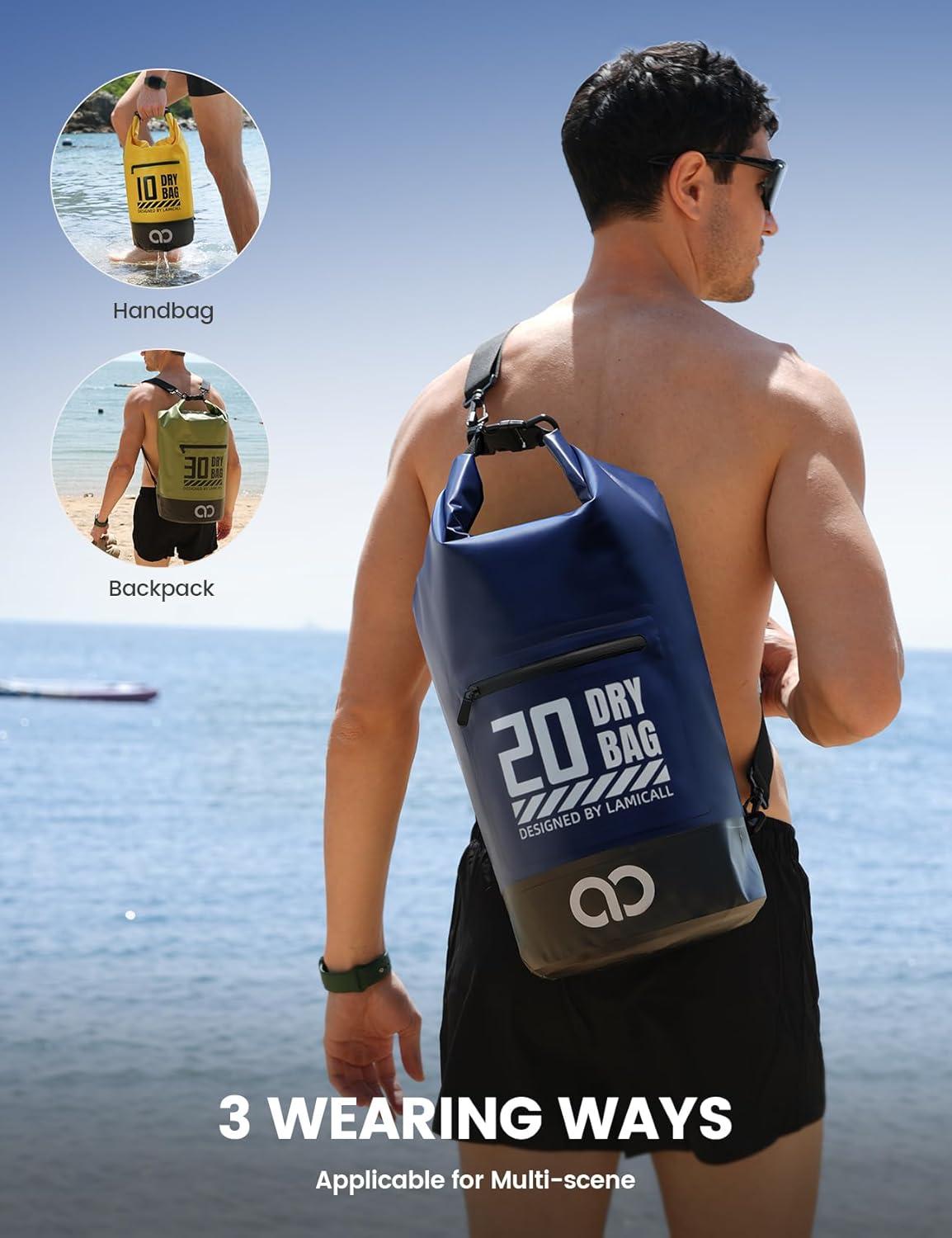 imageLamicall Dry Bag Waterproof Backpack  Zippered Pocket 5L10L20L30L40L Roll Top Waterproof Bag with Water Proof Phone Pouch Floatable Drybag for Swimming Boating Kayaking Camping BeachNavy Blue