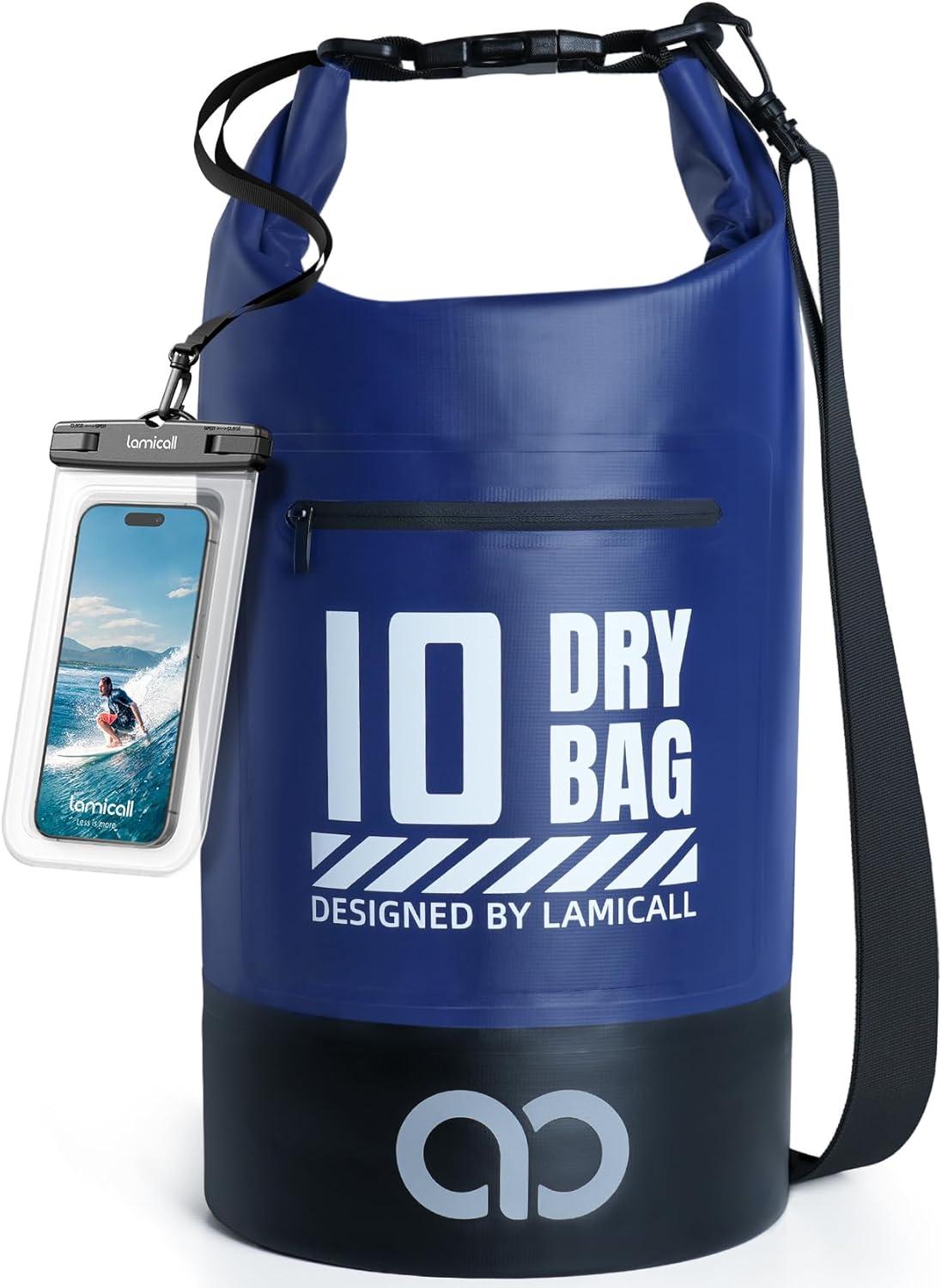 imageLamicall Dry Bag Waterproof Backpack  Zippered Pocket 5L10L20L30L40L Roll Top Waterproof Bag with Water Proof Phone Pouch Floatable Drybag for Swimming Boating Kayaking Camping BeachNavy Blue