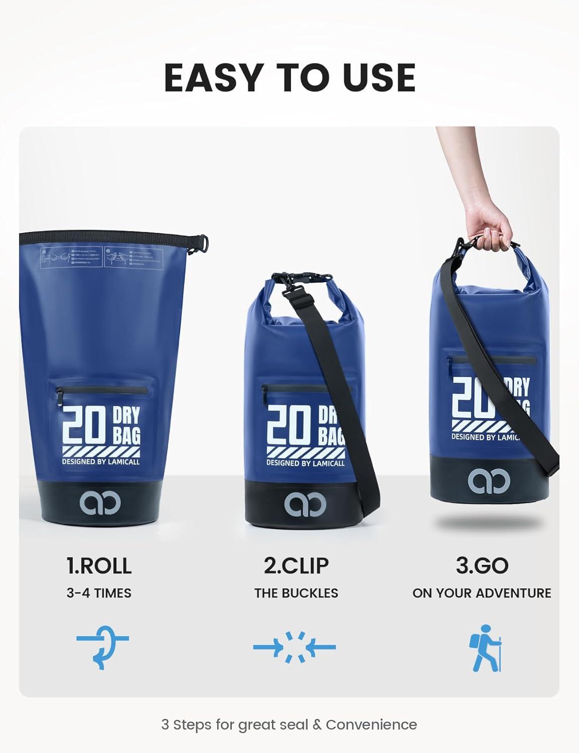 imageLamicall Dry Bag Waterproof Backpack  Zippered Pocket 5L10L20L30L40L Roll Top Waterproof Bag with Water Proof Phone Pouch Floatable Drybag for Swimming Boating Kayaking Camping BeachNavy Blue