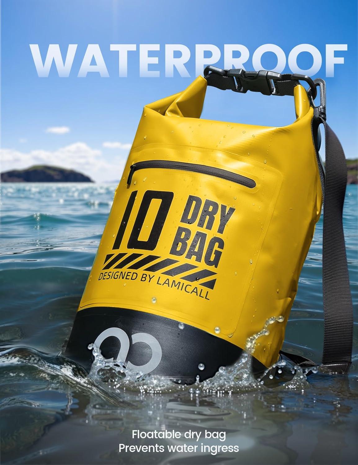 imageLamicall Dry Bag Waterproof Backpack  Zippered Pocket 5L10L20L30L40L Roll Top Waterproof Bag with Water Proof Phone Pouch Floatable Drybag for Swimming Boating Kayaking Camping BeachLemon Yellow