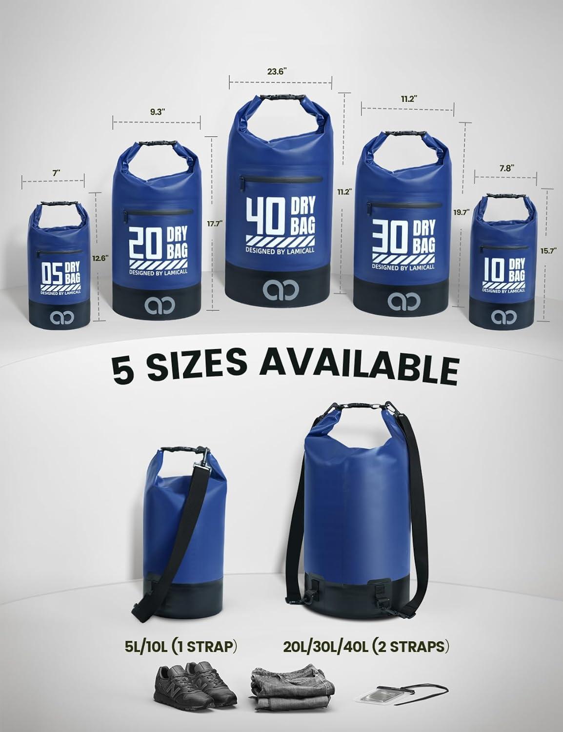 imageLamicall Dry Bag Waterproof Backpack  Zippered Pocket 5L10L20L30L40L Roll Top Waterproof Bag with Water Proof Phone Pouch Floatable Drybag for Swimming Boating Kayaking Camping BeachNavy Blue