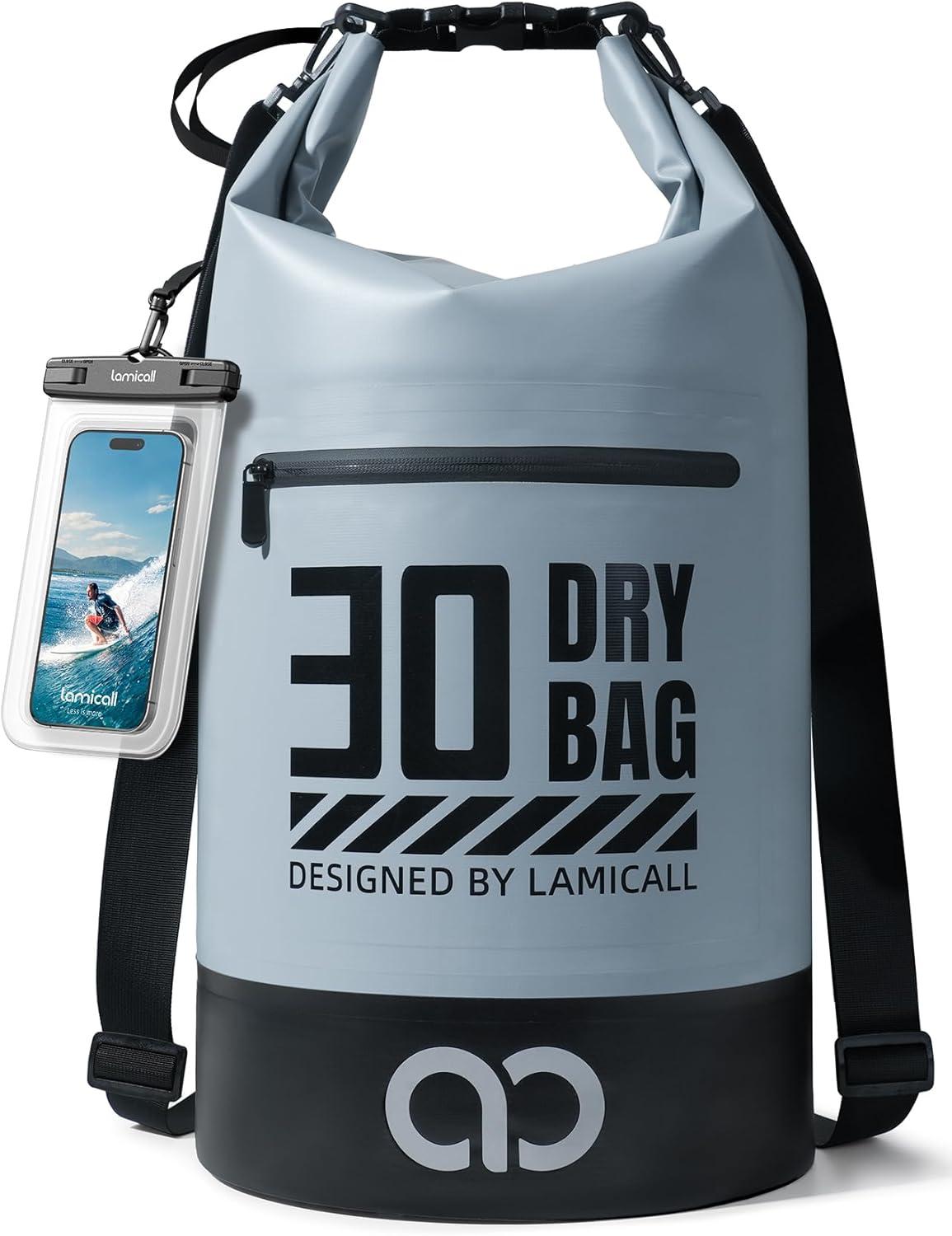 imageLamicall Dry Bag Waterproof Backpack  Zippered Pocket 5L10L20L30L40L Roll Top Waterproof Bag with Water Proof Phone Pouch Floatable Drybag for Swimming Boating Kayaking Camping BeachBlueish Gray