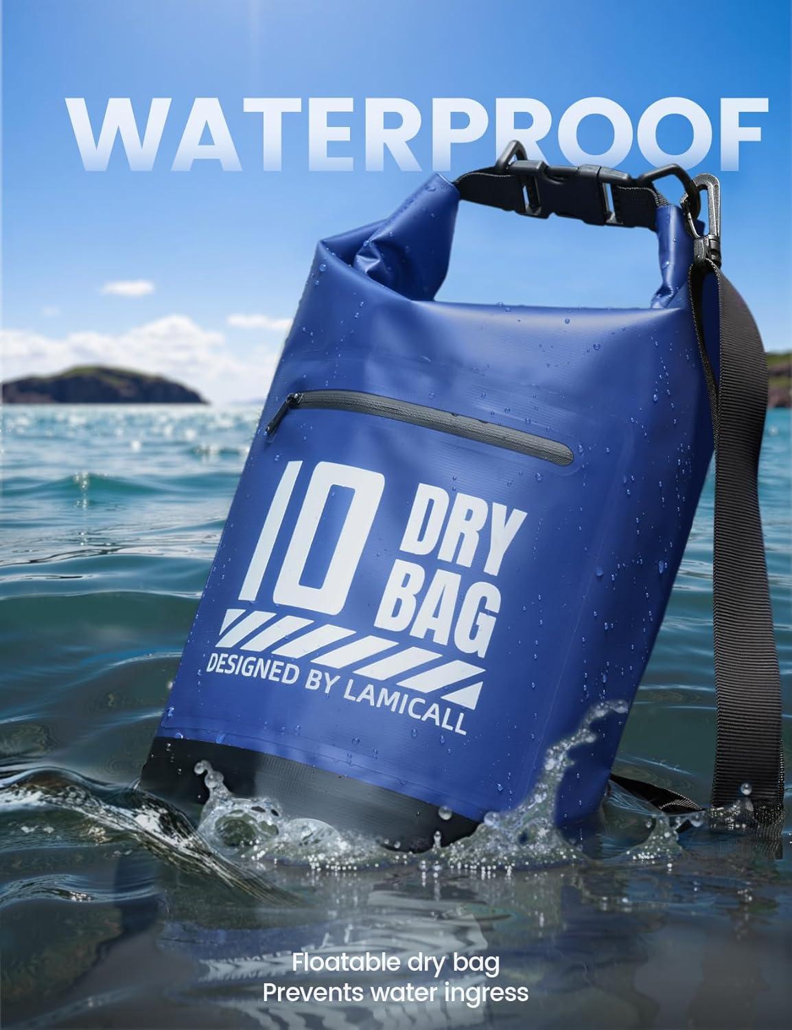 imageLamicall Dry Bag Waterproof Backpack  Zippered Pocket 5L10L20L30L40L Roll Top Waterproof Bag with Water Proof Phone Pouch Floatable Drybag for Swimming Boating Kayaking Camping BeachNavy Blue