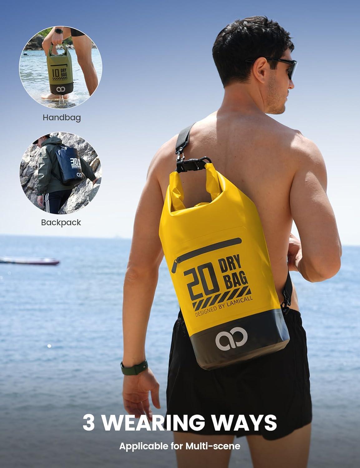 imageLamicall Dry Bag Waterproof Backpack  Zippered Pocket 5L10L20L30L40L Roll Top Waterproof Bag with Water Proof Phone Pouch Floatable Drybag for Swimming Boating Kayaking Camping BeachLemon Yellow
