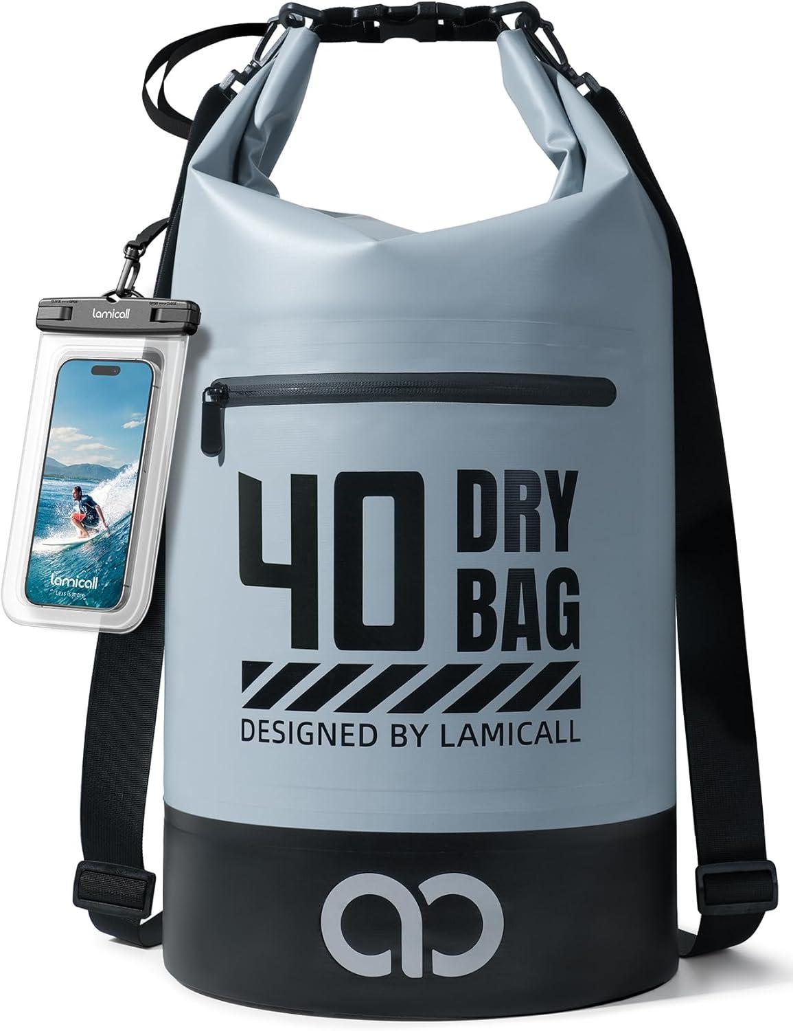 imageLamicall Dry Bag Waterproof Backpack  Zippered Pocket 5L10L20L30L40L Roll Top Waterproof Bag with Water Proof Phone Pouch Floatable Drybag for Swimming Boating Kayaking Camping BeachBlueish Gray