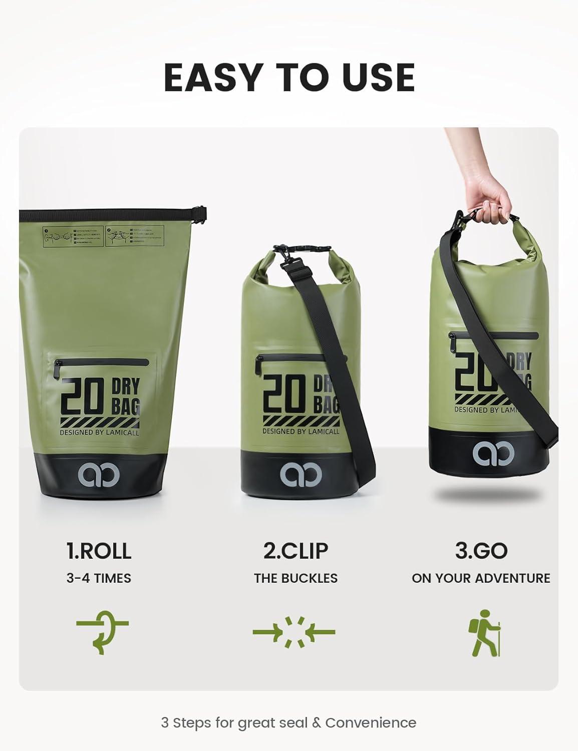 imageLamicall Dry Bag Waterproof Backpack  Zippered Pocket 5L10L20L30L40L Roll Top Waterproof Bag with Water Proof Phone Pouch Floatable Drybag for Swimming Boating Kayaking Camping BeachOlive Green
