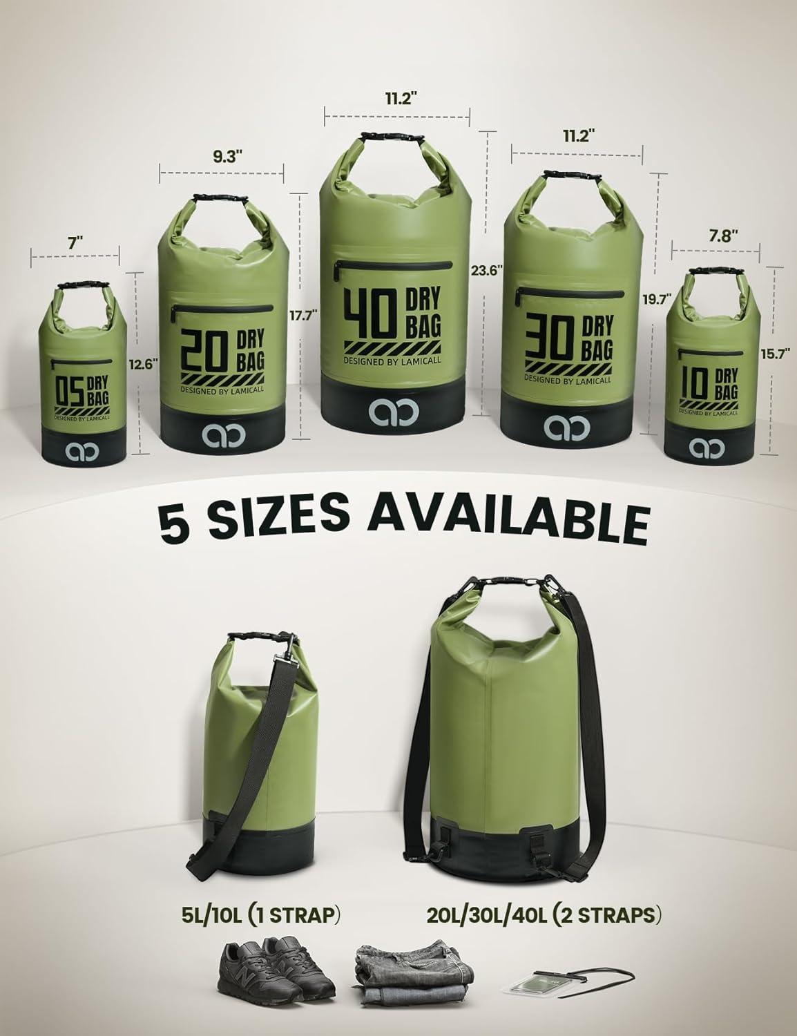 imageLamicall Dry Bag Waterproof Backpack  Zippered Pocket 5L10L20L30L40L Roll Top Waterproof Bag with Water Proof Phone Pouch Floatable Drybag for Swimming Boating Kayaking Camping BeachOlive Green