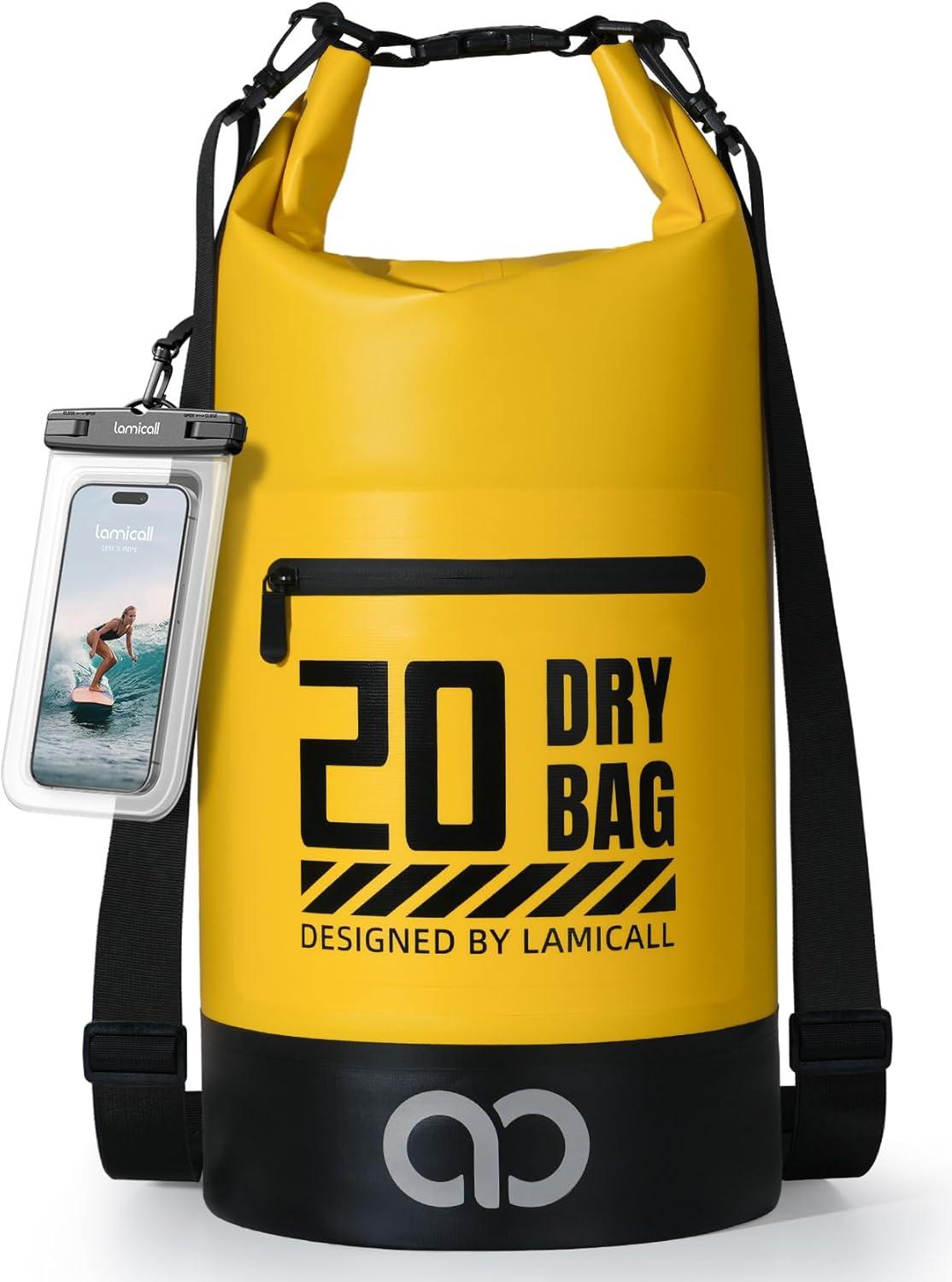 imageLamicall Dry Bag Waterproof Backpack  Zippered Pocket 5L10L20L30L40L Roll Top Waterproof Bag with Water Proof Phone Pouch Floatable Drybag for Swimming Boating Kayaking Camping BeachLemon Yellow