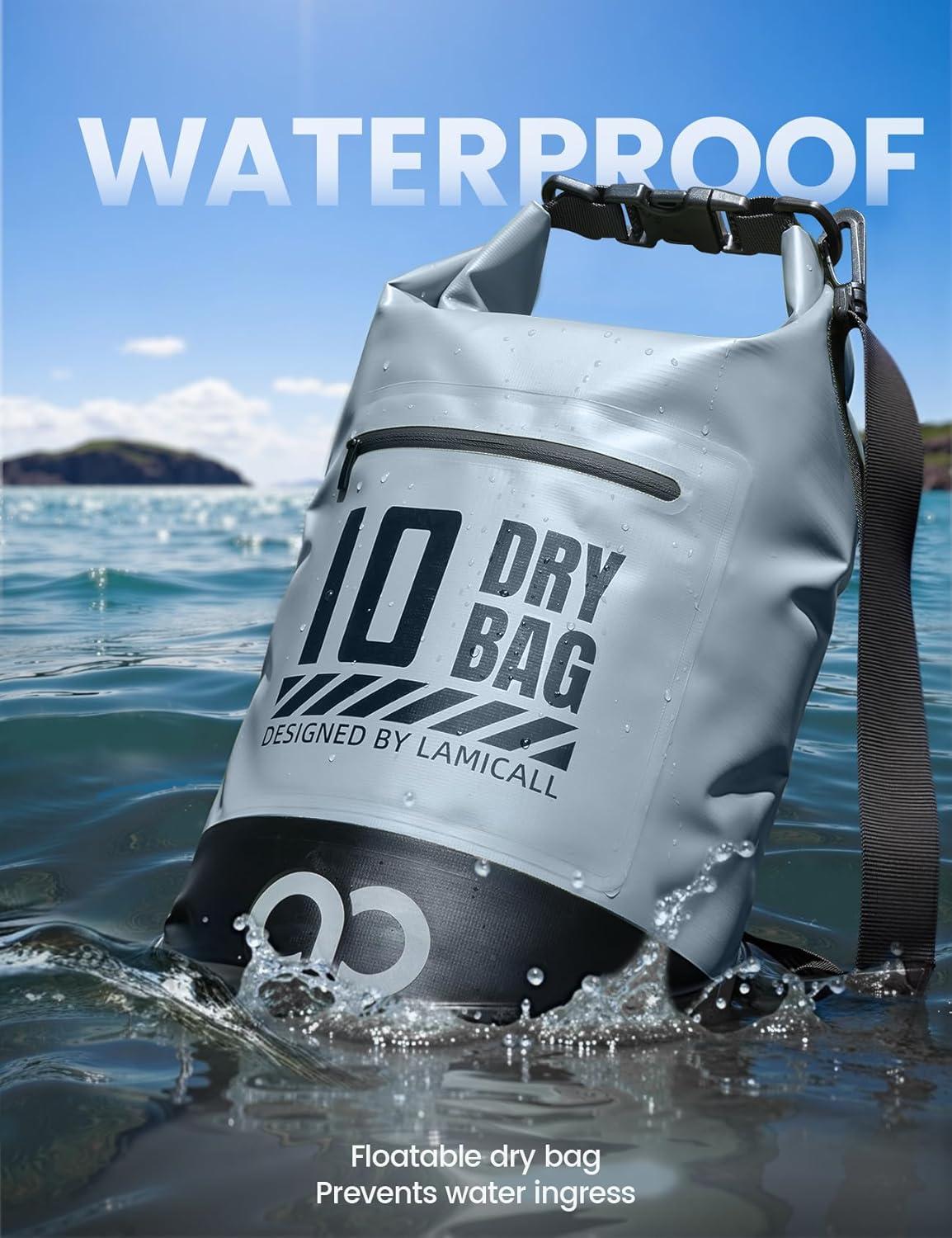 imageLamicall Dry Bag Waterproof Backpack  Zippered Pocket 5L10L20L30L40L Roll Top Waterproof Bag with Water Proof Phone Pouch Floatable Drybag for Swimming Boating Kayaking Camping BeachBlueish Gray
