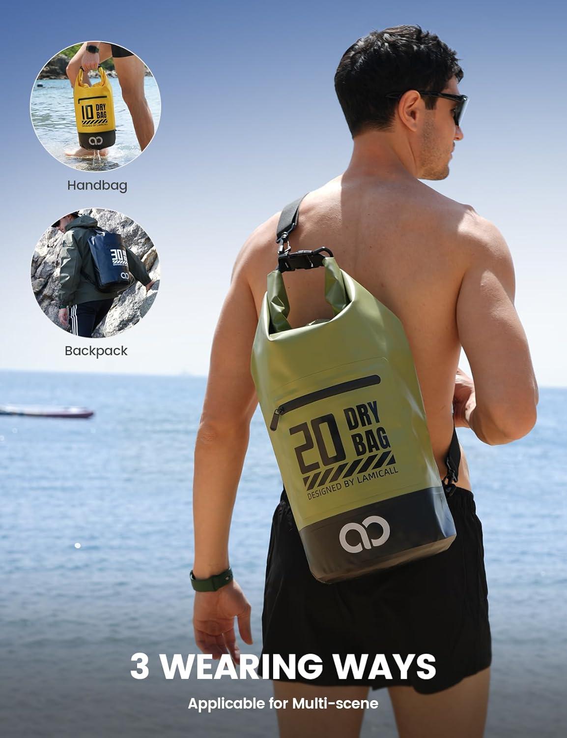 imageLamicall Dry Bag Waterproof Backpack  Zippered Pocket 5L10L20L30L40L Roll Top Waterproof Bag with Water Proof Phone Pouch Floatable Drybag for Swimming Boating Kayaking Camping BeachOlive Green