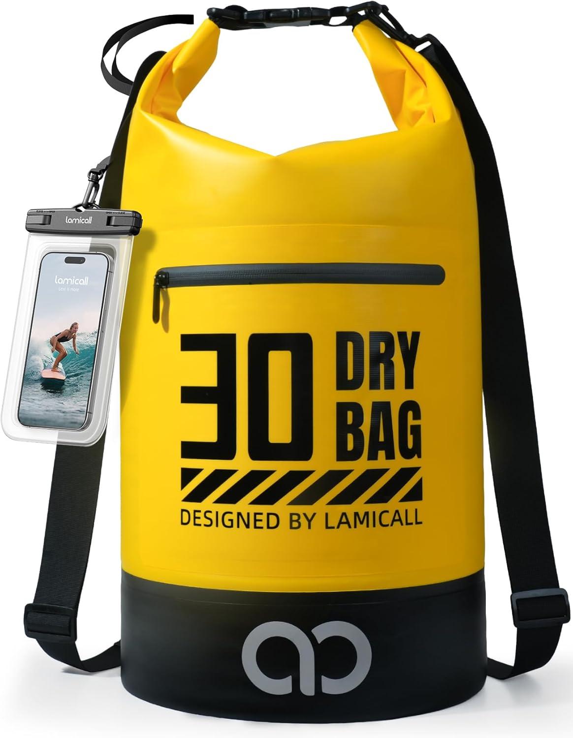 imageLamicall Dry Bag Waterproof Backpack  Zippered Pocket 5L10L20L30L40L Roll Top Waterproof Bag with Water Proof Phone Pouch Floatable Drybag for Swimming Boating Kayaking Camping BeachLemon Yellow