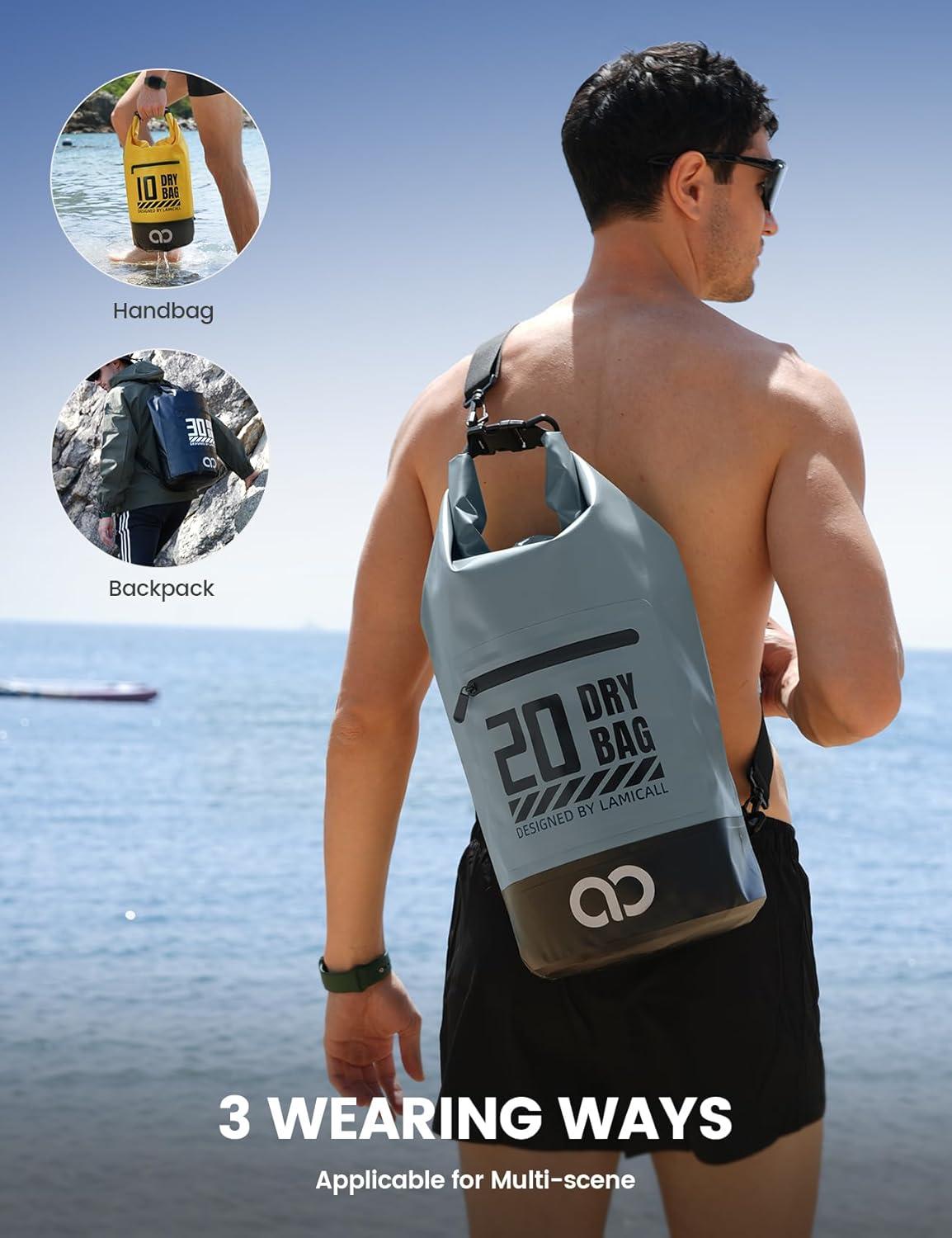 imageLamicall Dry Bag Waterproof Backpack  Zippered Pocket 5L10L20L30L40L Roll Top Waterproof Bag with Water Proof Phone Pouch Floatable Drybag for Swimming Boating Kayaking Camping BeachBlueish Gray