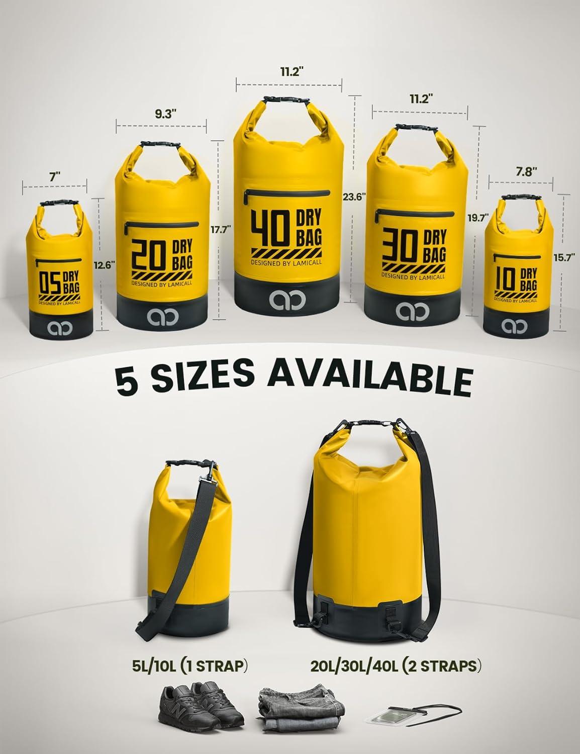 imageLamicall Dry Bag Waterproof Backpack  Zippered Pocket 5L10L20L30L40L Roll Top Waterproof Bag with Water Proof Phone Pouch Floatable Drybag for Swimming Boating Kayaking Camping BeachLemon Yellow