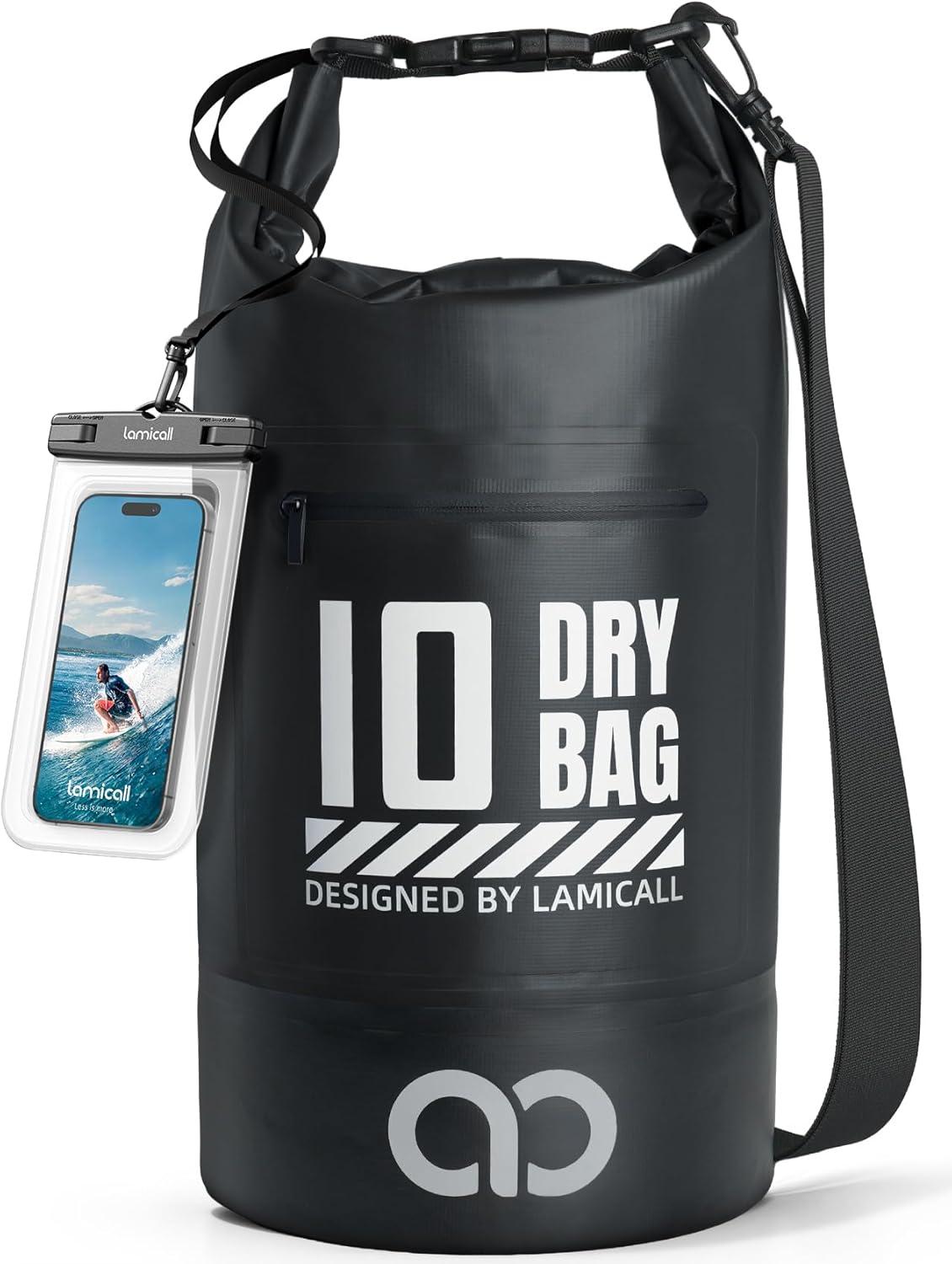 imageLamicall Dry Bag Waterproof Backpack  Zippered Pocket 5L10L20L30L40L Roll Top Waterproof Bag with Water Proof Phone Pouch Floatable Drybag for Swimming Boating Kayaking Camping BeachBlack