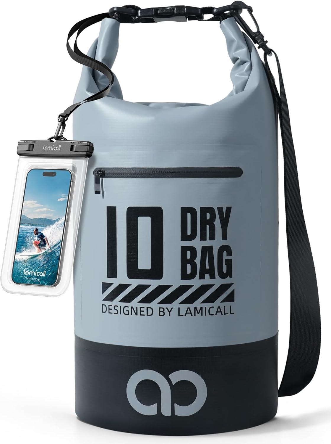 imageLamicall Dry Bag Waterproof Backpack  Zippered Pocket 5L10L20L30L40L Roll Top Waterproof Bag with Water Proof Phone Pouch Floatable Drybag for Swimming Boating Kayaking Camping BeachBlueish Gray