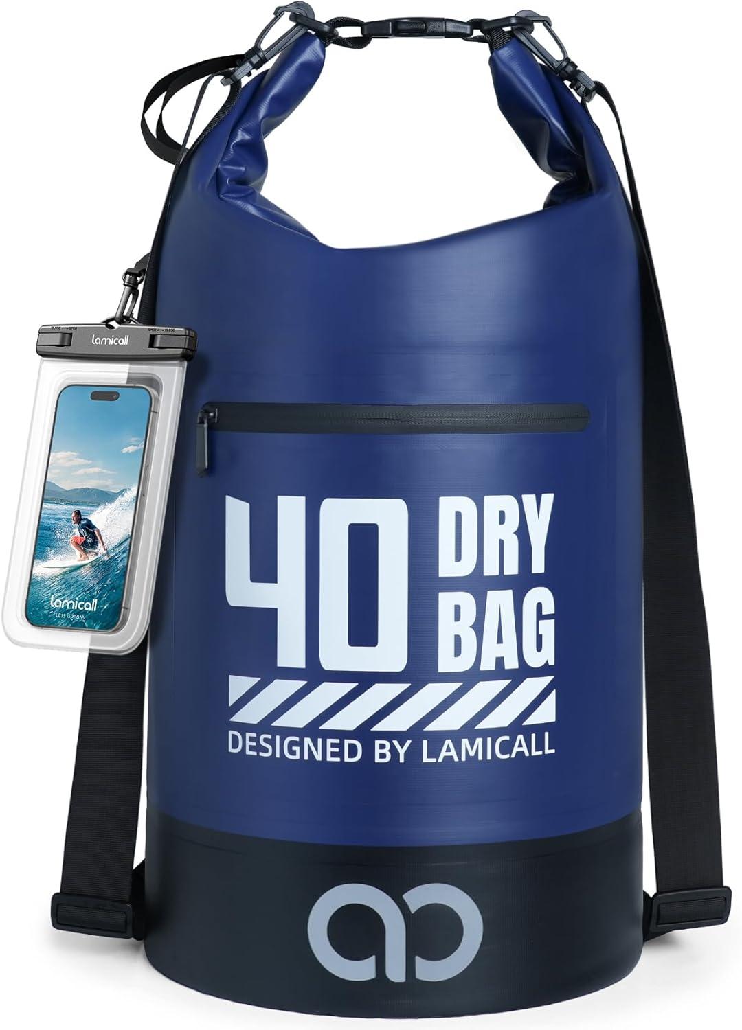 imageLamicall Dry Bag Waterproof Backpack  Zippered Pocket 5L10L20L30L40L Roll Top Waterproof Bag with Water Proof Phone Pouch Floatable Drybag for Swimming Boating Kayaking Camping BeachNavy Blue