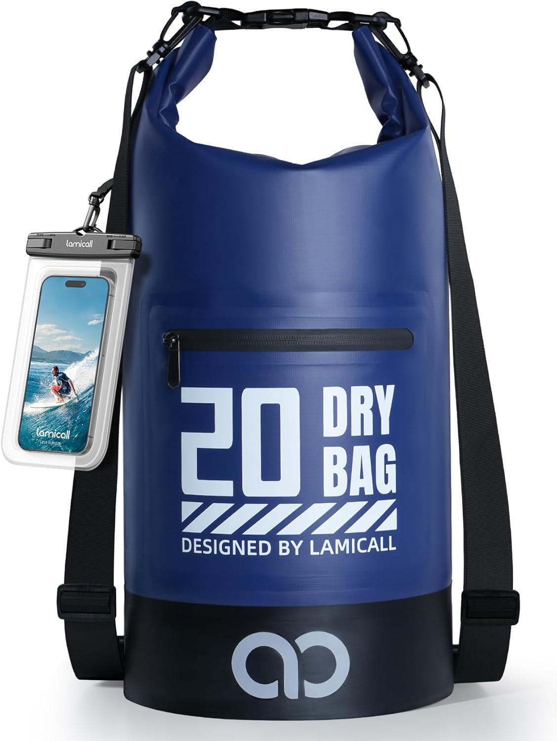 imageLamicall Dry Bag Waterproof Backpack  Zippered Pocket 5L10L20L30L40L Roll Top Waterproof Bag with Water Proof Phone Pouch Floatable Drybag for Swimming Boating Kayaking Camping BeachNavy Blue