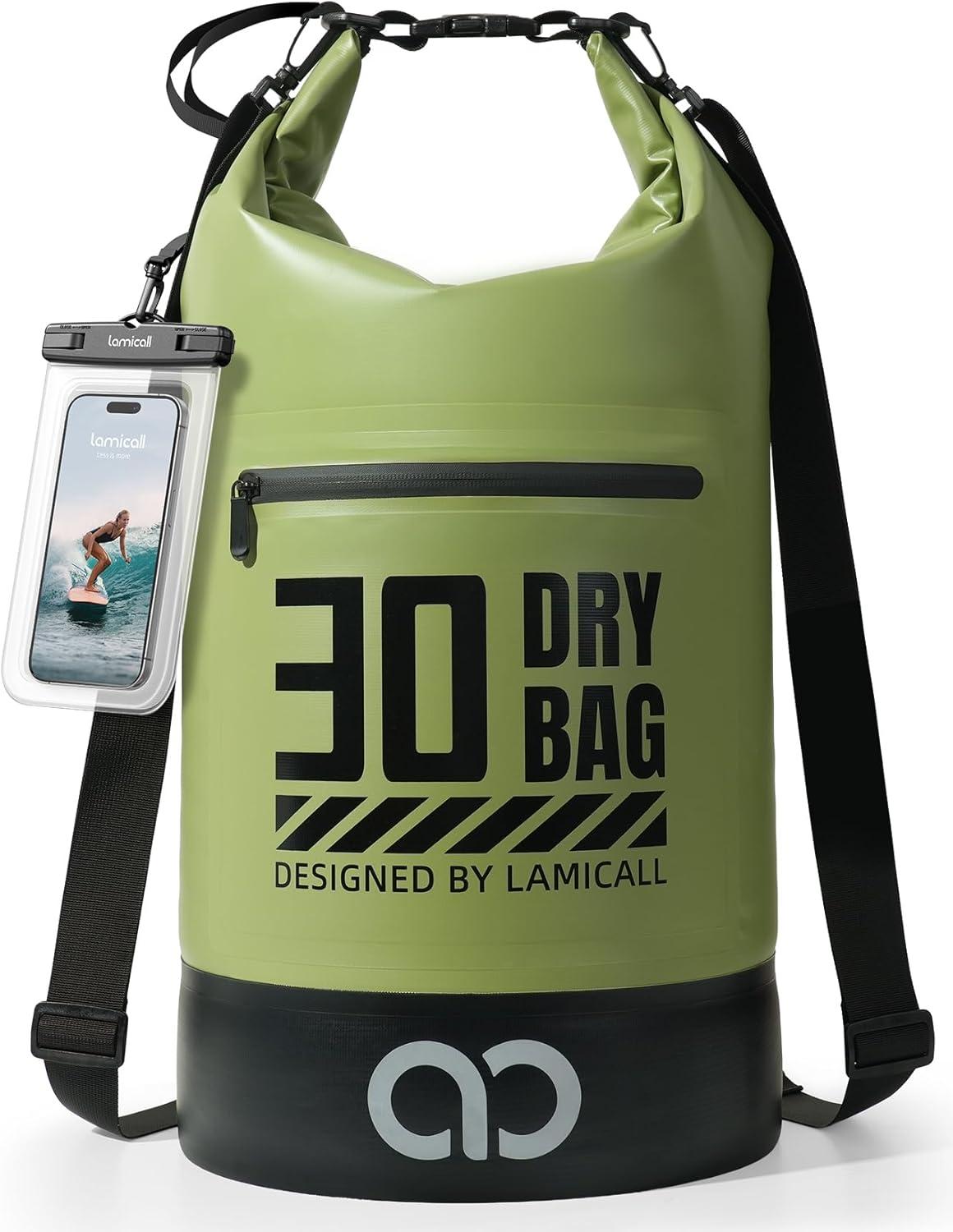imageLamicall Dry Bag Waterproof Backpack  Zippered Pocket 5L10L20L30L40L Roll Top Waterproof Bag with Water Proof Phone Pouch Floatable Drybag for Swimming Boating Kayaking Camping BeachOlive Green