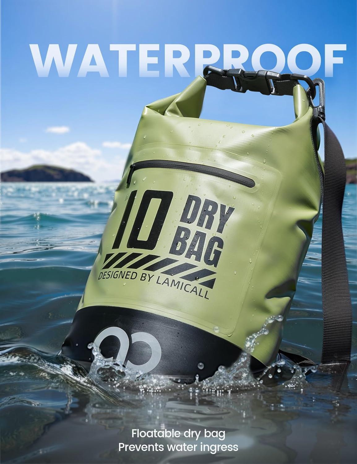 imageLamicall Dry Bag Waterproof Backpack  Zippered Pocket 5L10L20L30L40L Roll Top Waterproof Bag with Water Proof Phone Pouch Floatable Drybag for Swimming Boating Kayaking Camping BeachOlive Green