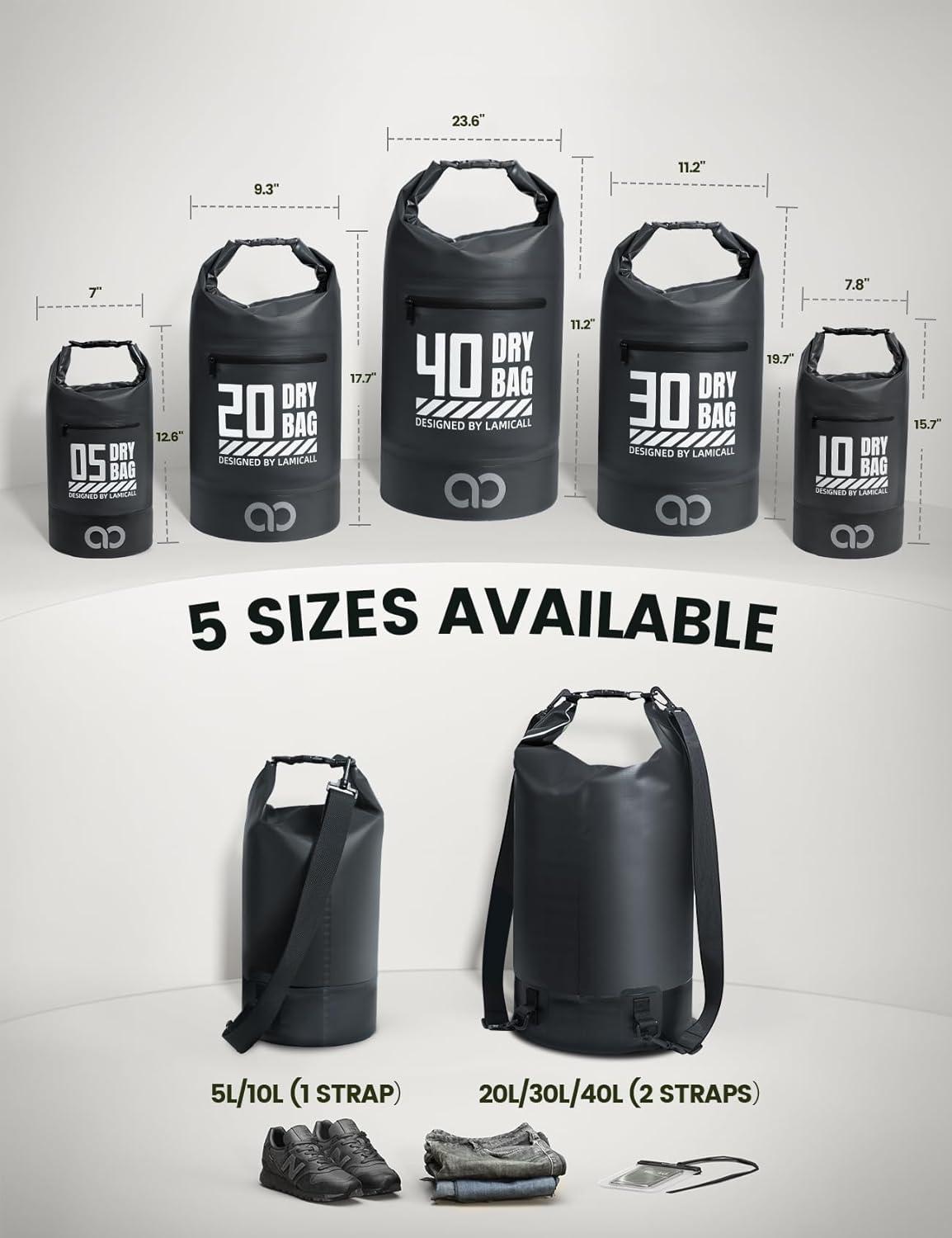 imageLamicall Dry Bag Waterproof Backpack  Zippered Pocket 5L10L20L30L40L Roll Top Waterproof Bag with Water Proof Phone Pouch Floatable Drybag for Swimming Boating Kayaking Camping BeachBlack