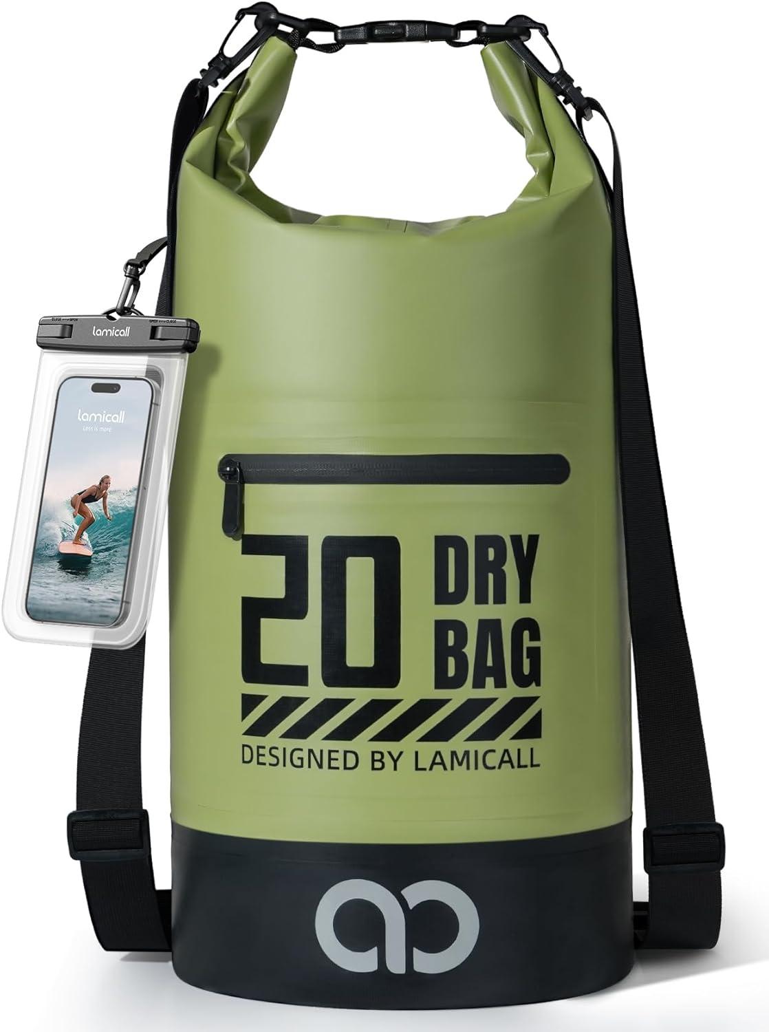 imageLamicall Dry Bag Waterproof Backpack  Zippered Pocket 5L10L20L30L40L Roll Top Waterproof Bag with Water Proof Phone Pouch Floatable Drybag for Swimming Boating Kayaking Camping BeachOlive Green