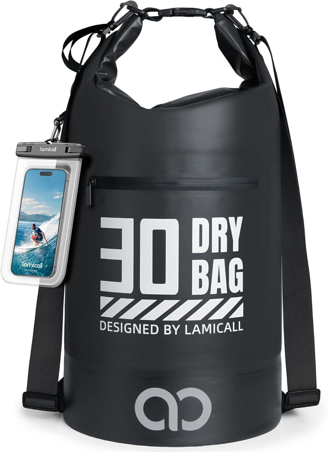 imageLamicall Dry Bag Waterproof Backpack  Zippered Pocket 5L10L20L30L40L Roll Top Waterproof Bag with Water Proof Phone Pouch Floatable Drybag for Swimming Boating Kayaking Camping BeachBlack