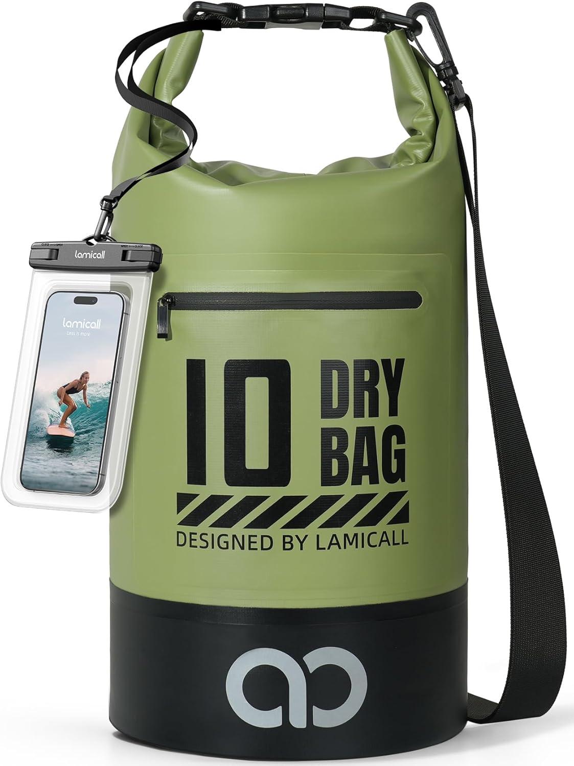 imageLamicall Dry Bag Waterproof Backpack  Zippered Pocket 5L10L20L30L40L Roll Top Waterproof Bag with Water Proof Phone Pouch Floatable Drybag for Swimming Boating Kayaking Camping BeachOlive Green