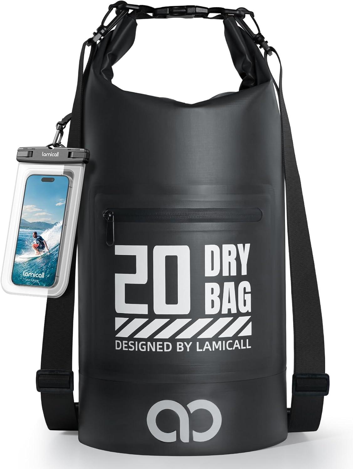 imageLamicall Dry Bag Waterproof Backpack  Zippered Pocket 5L10L20L30L40L Roll Top Waterproof Bag with Water Proof Phone Pouch Floatable Drybag for Swimming Boating Kayaking Camping BeachBlack