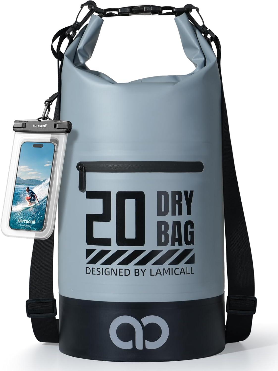 imageLamicall Dry Bag Waterproof Backpack  Zippered Pocket 5L10L20L30L40L Roll Top Waterproof Bag with Water Proof Phone Pouch Floatable Drybag for Swimming Boating Kayaking Camping BeachBlueish Gray