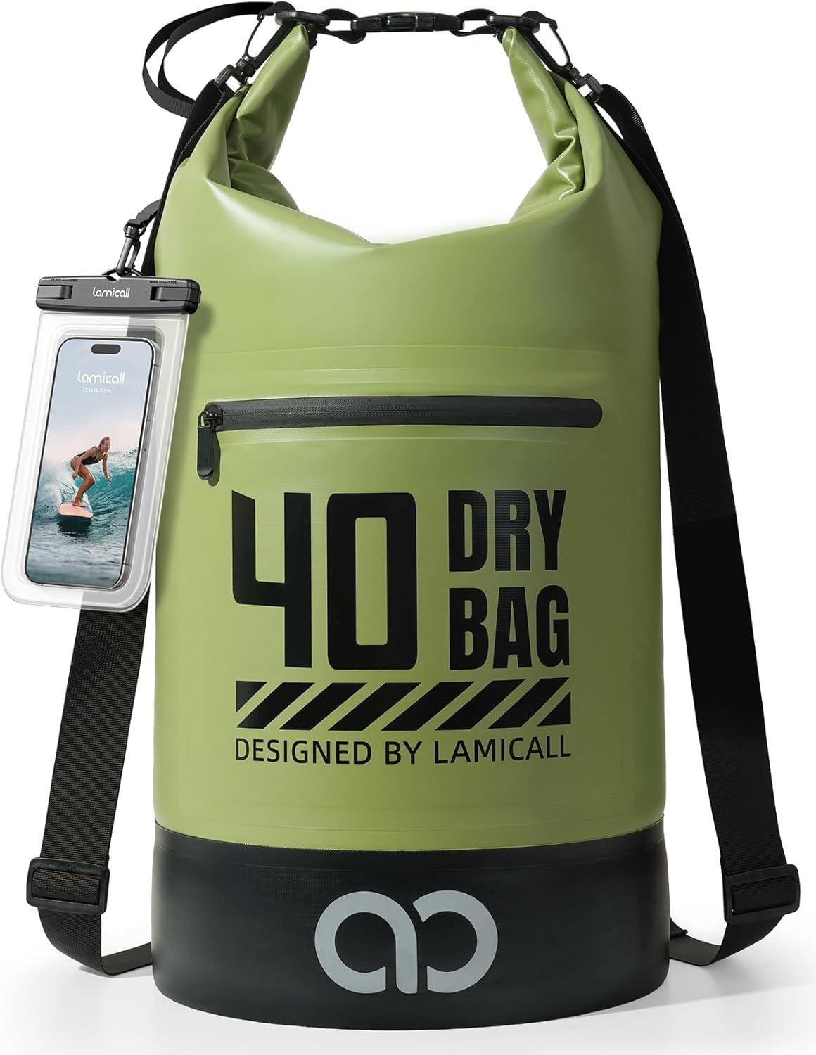 imageLamicall Dry Bag Waterproof Backpack  Zippered Pocket 5L10L20L30L40L Roll Top Waterproof Bag with Water Proof Phone Pouch Floatable Drybag for Swimming Boating Kayaking Camping BeachOlive Green