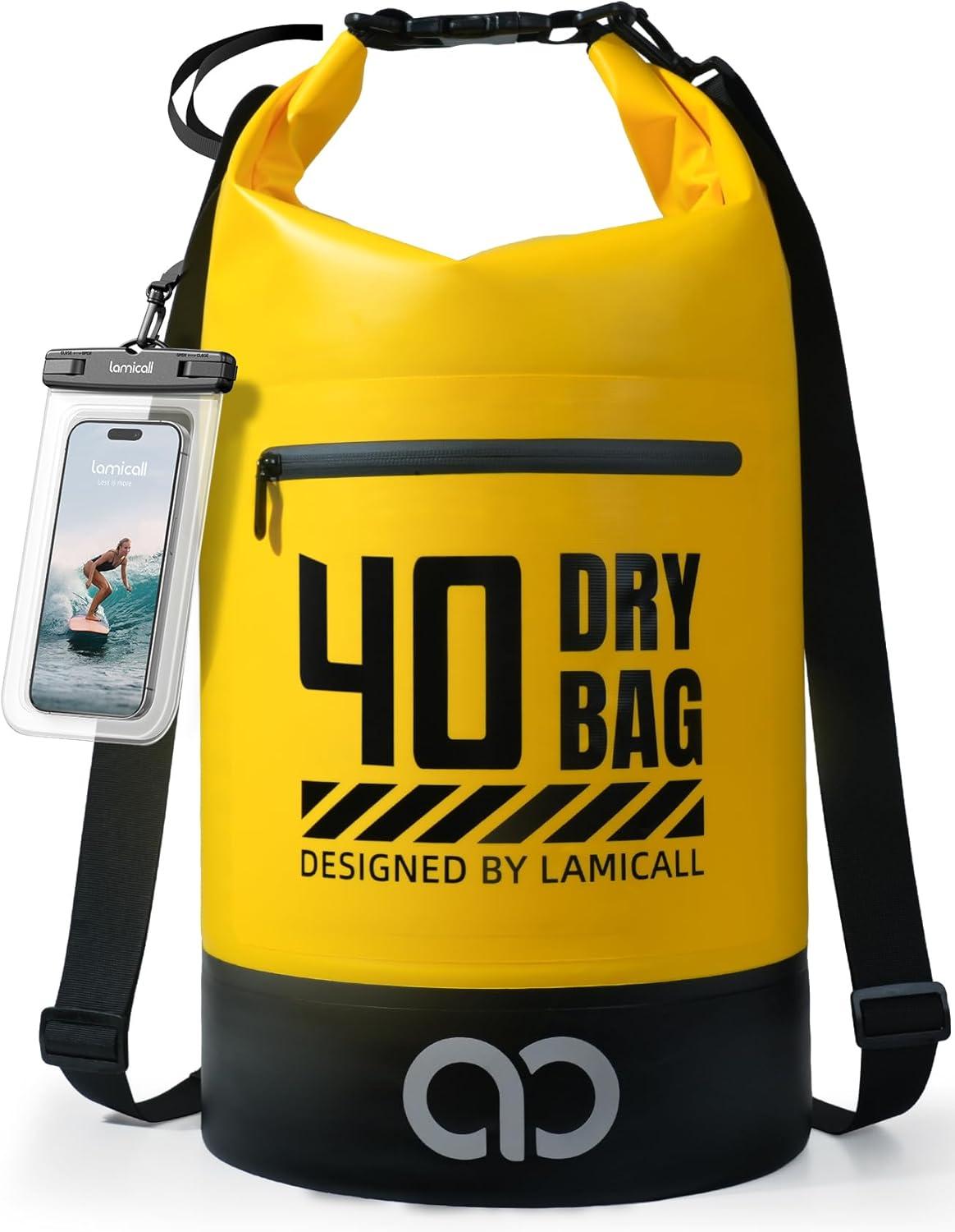 imageLamicall Dry Bag Waterproof Backpack  Zippered Pocket 5L10L20L30L40L Roll Top Waterproof Bag with Water Proof Phone Pouch Floatable Drybag for Swimming Boating Kayaking Camping BeachLemon Yellow
